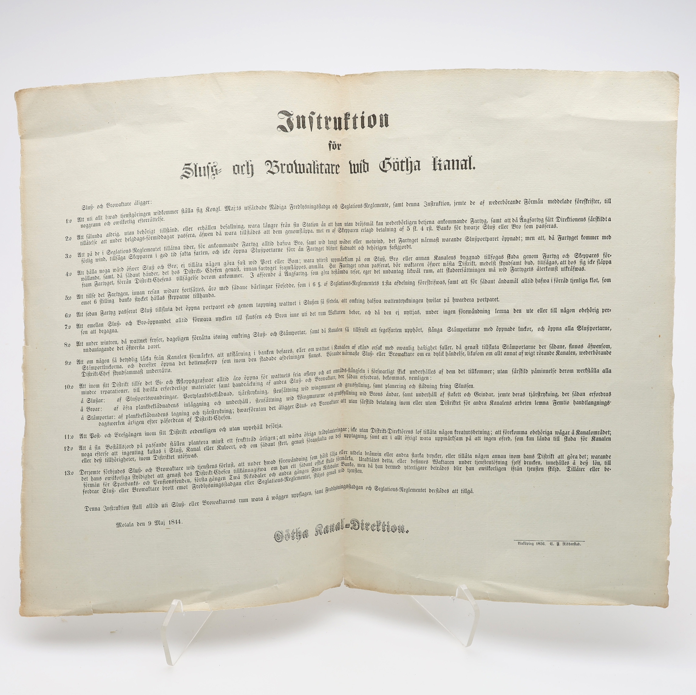 GÖTA KANAL. ETTBLADSTRYCK MED INSTRUKTIONER FÖR SLUSS- OCH BROWAKTER WID GÖTHA KANAL UTFÄRDADE 1844 OCH TRYCKTA 1856.