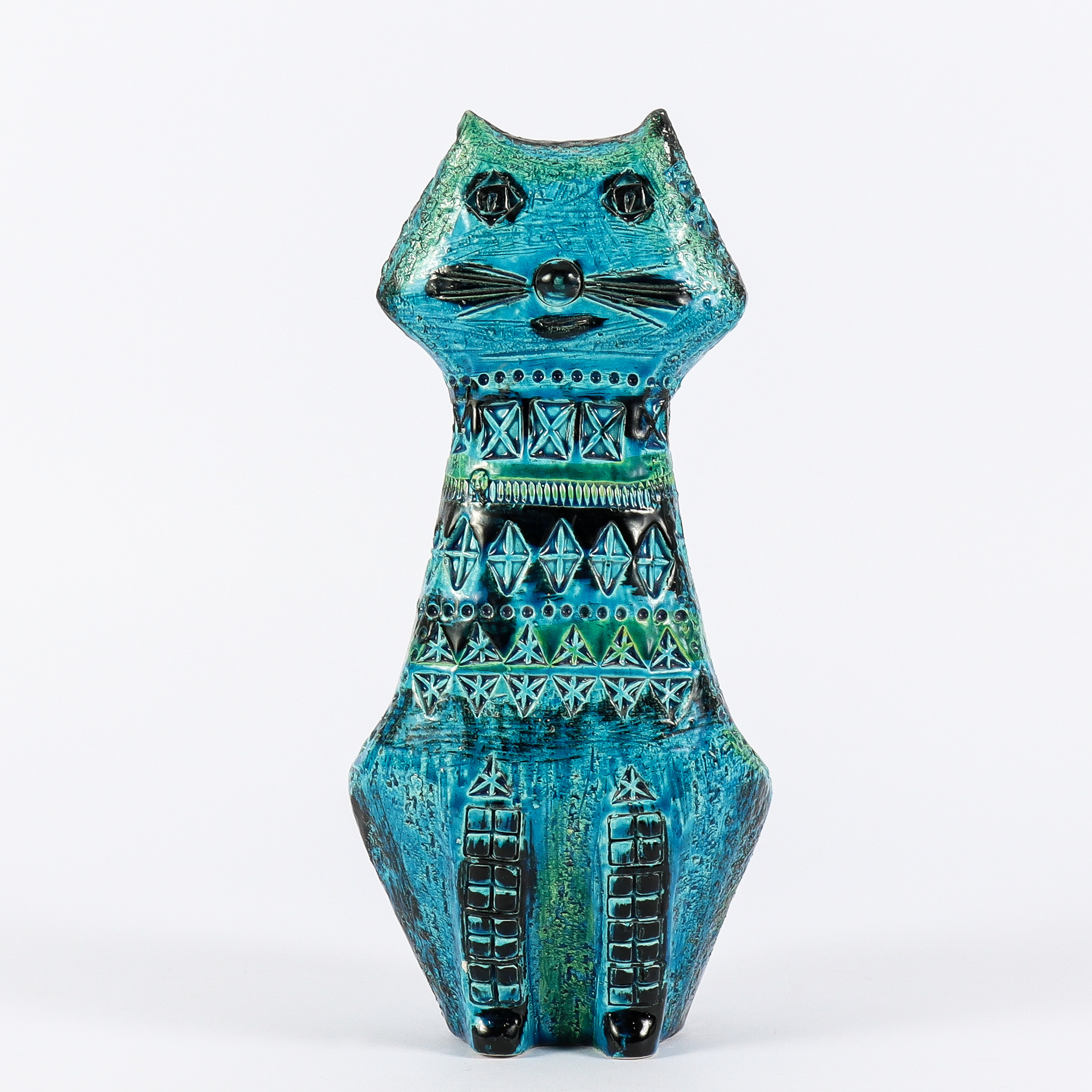 ALDO LONDI. Figurin, katt, chamotterat stengods, "Rimini Blue", Bitossi, Italien, 1960-tal.