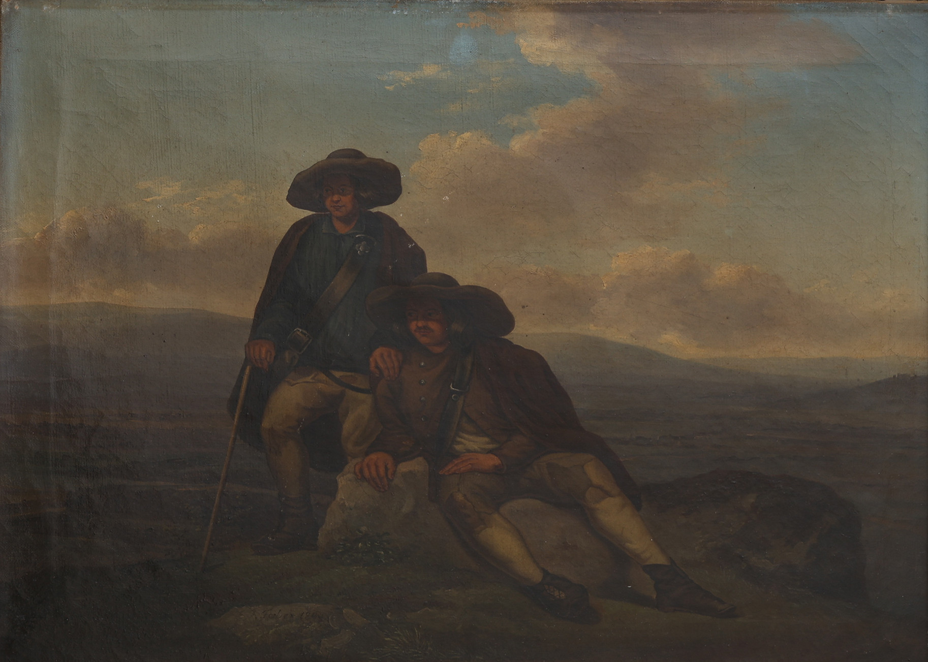 TRAUGOTT FABER (1786-1863). OLJA PÅ DUK, TVÅ VILANDE VANDRINGSMÄN, SIGNERAD & DATERAD 1849.