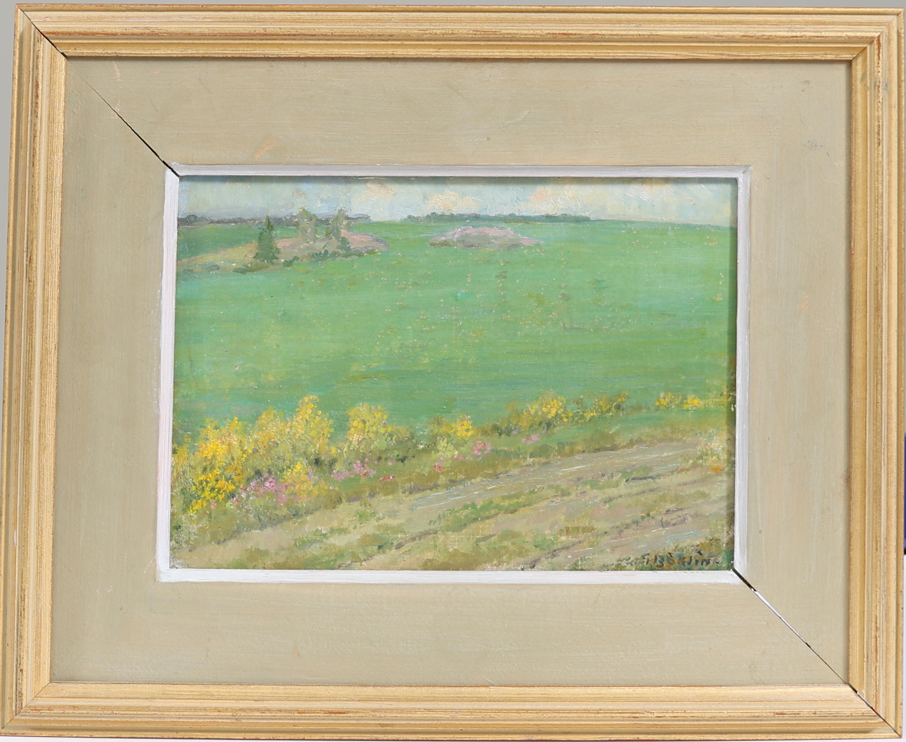 GUSTAF BÖKLIN. "Christineholms gärde", olja på pannå, signerad.