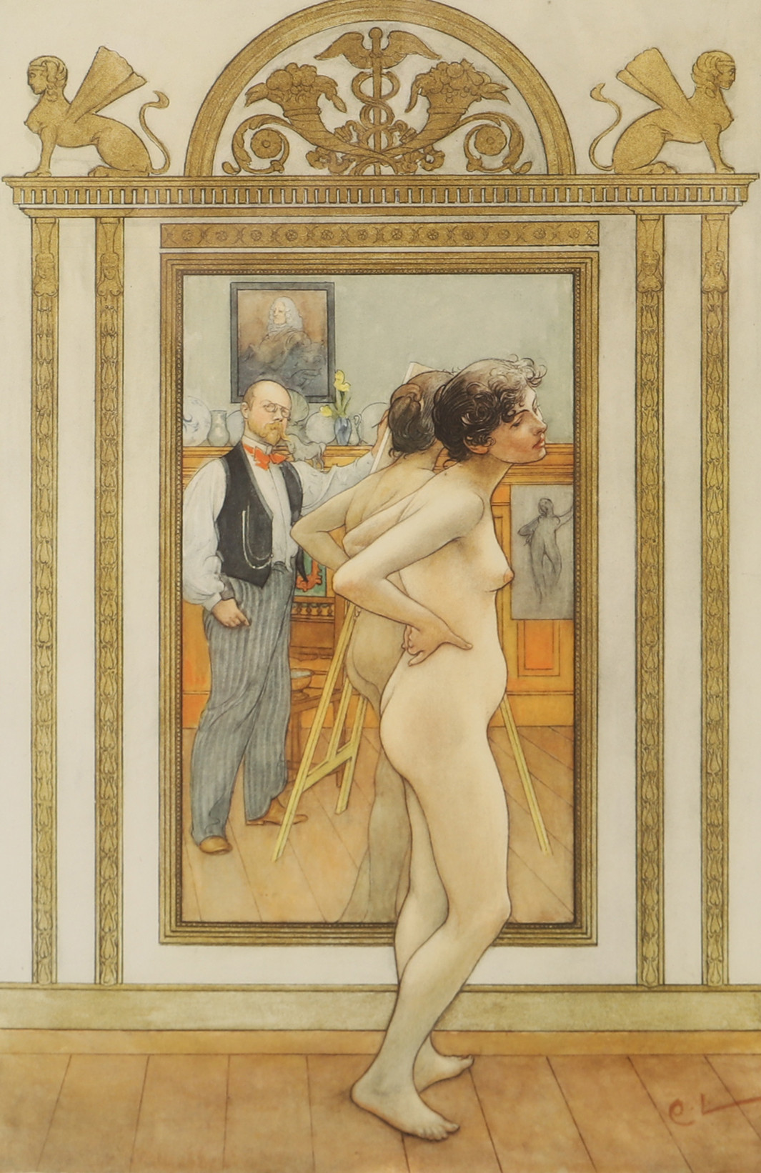 CARL LARSSON. EFTER. Nakenmodell framför spegeln, tryck, signerad i trycket, 1902.
