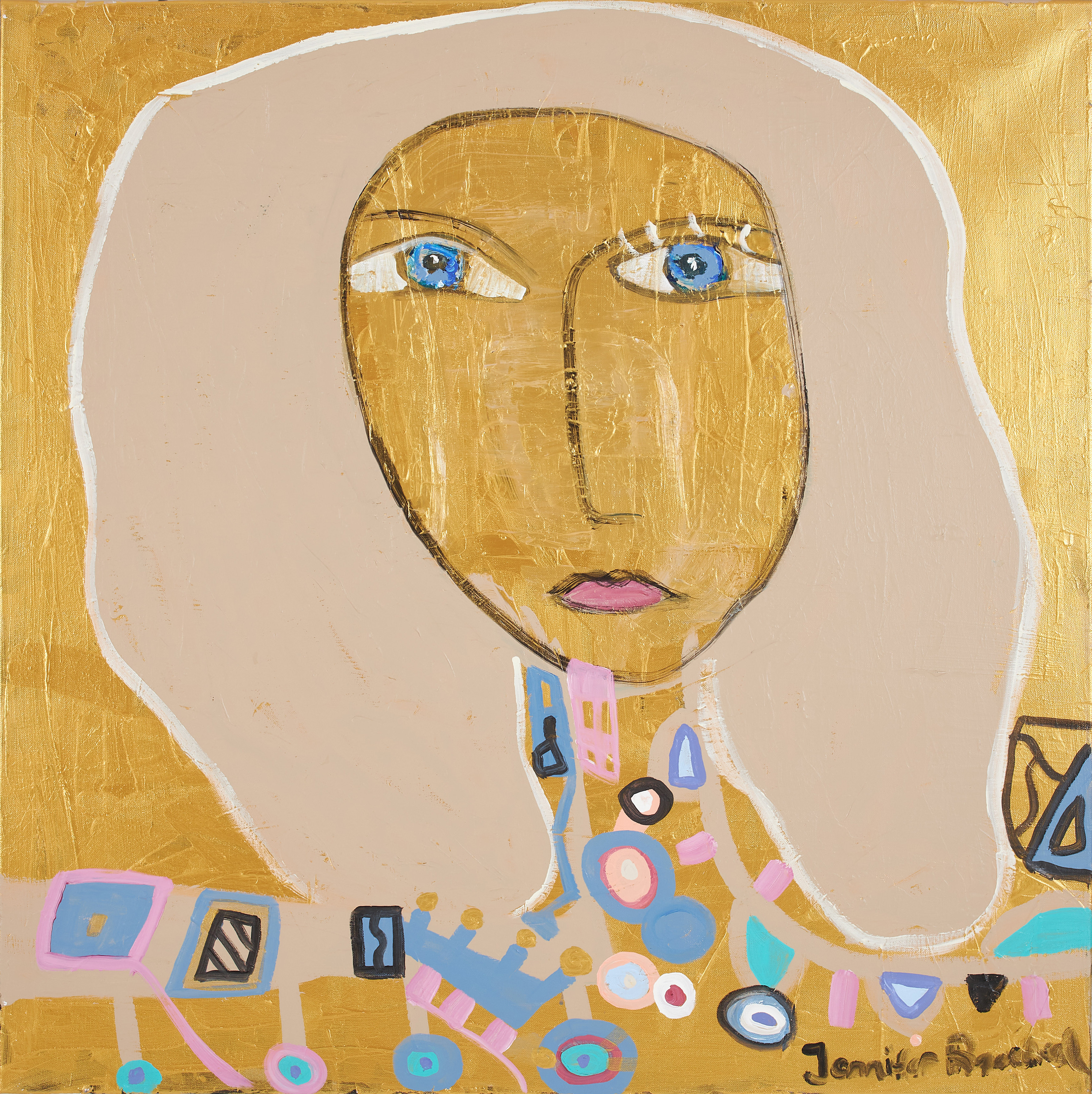 JENNIFER WIKMAN-RANELID. Kvinnoporträtt mot guldfond, akryl på duk, signerad.