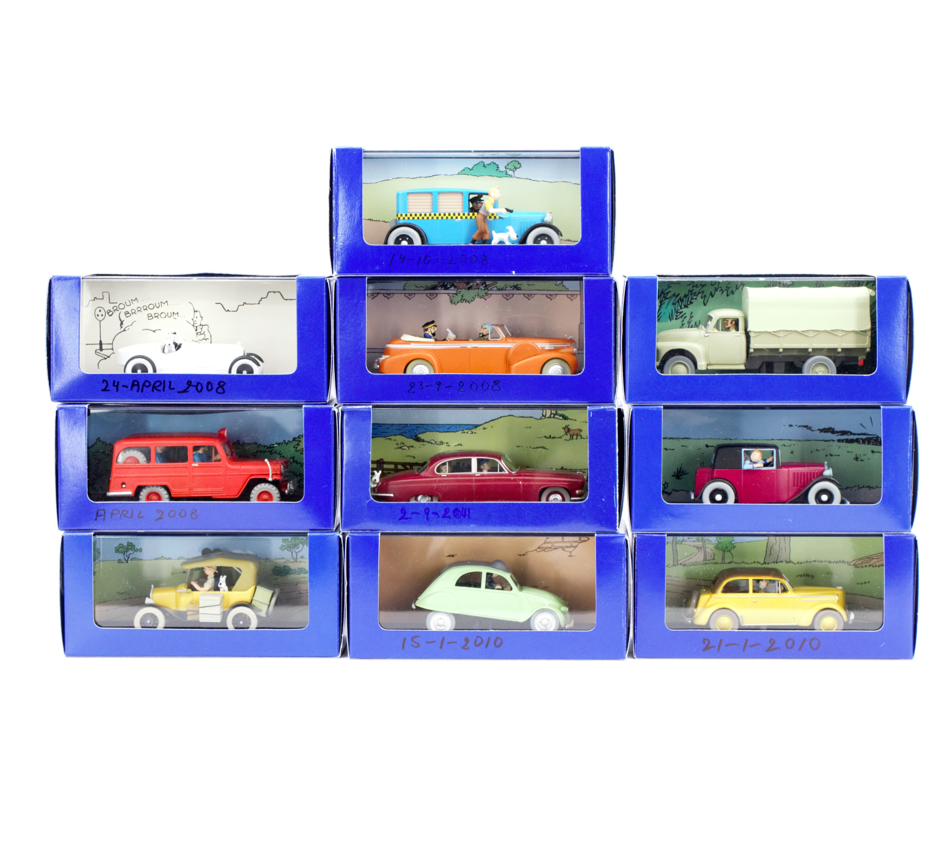 SAMLARBILAR, 10 st, Tintin, Herge-de L'oreille Cassée, Moulinsart, Atlas Edition, bl.a. "Tintin au Congo", "L'oreille Cassée" och "Tintin au pays des soviets" originalförpackningar.