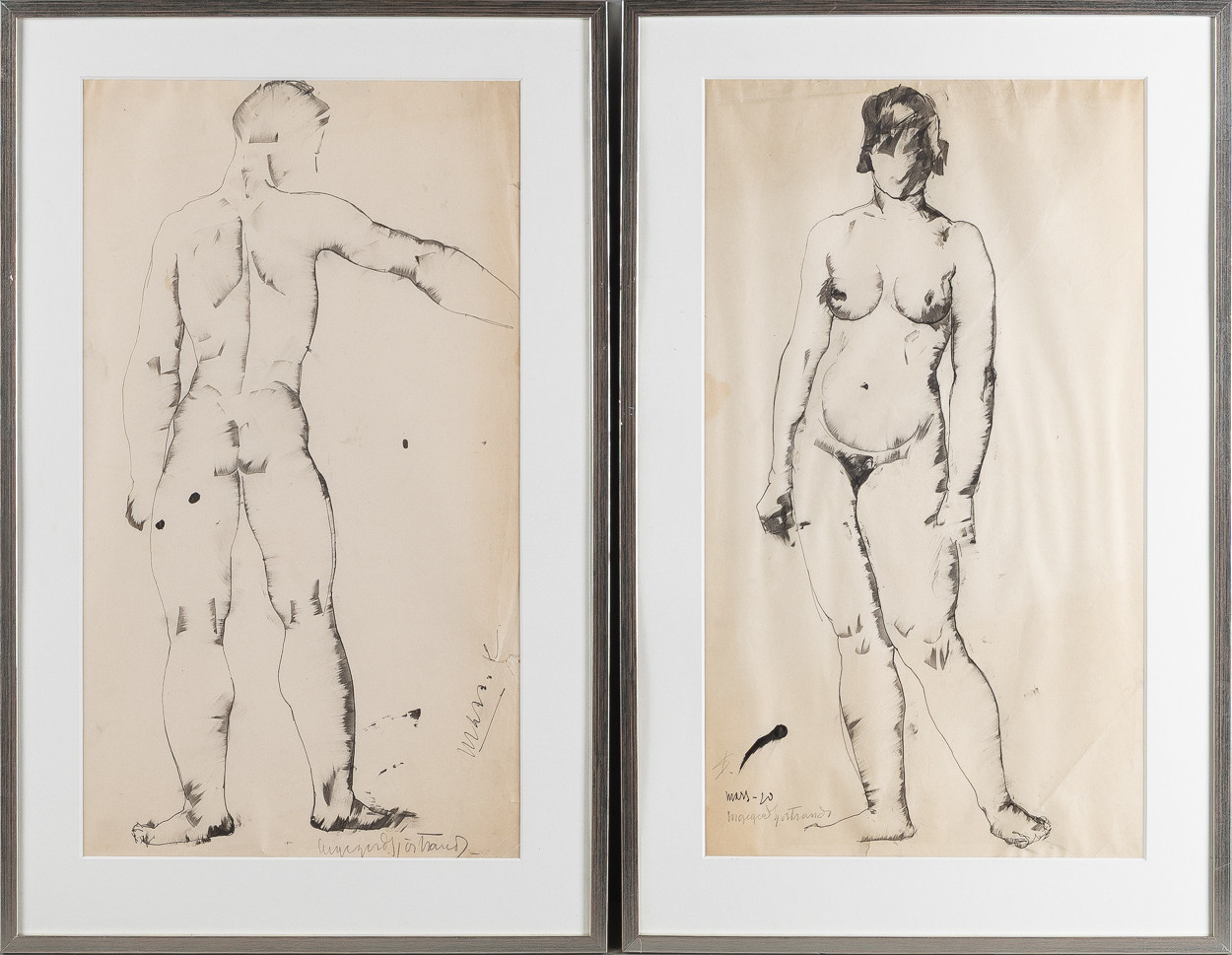 INGEGERD TORHAMN. Porträtt, ett par, blandteknik på papper.