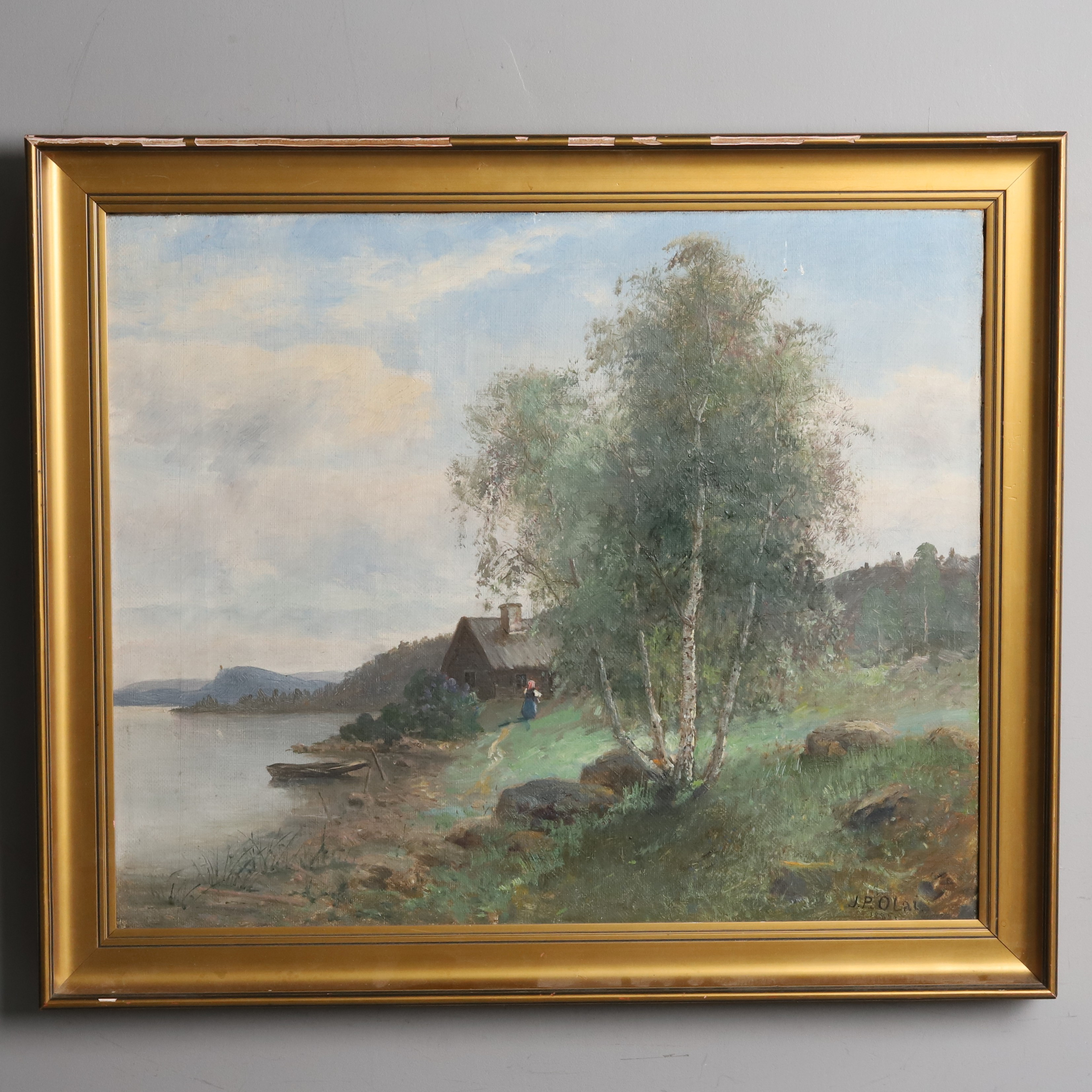 JOHAN PETTER OLAI. OLJA PÅ DUK, " Landskaps idyll" signerad 1885.