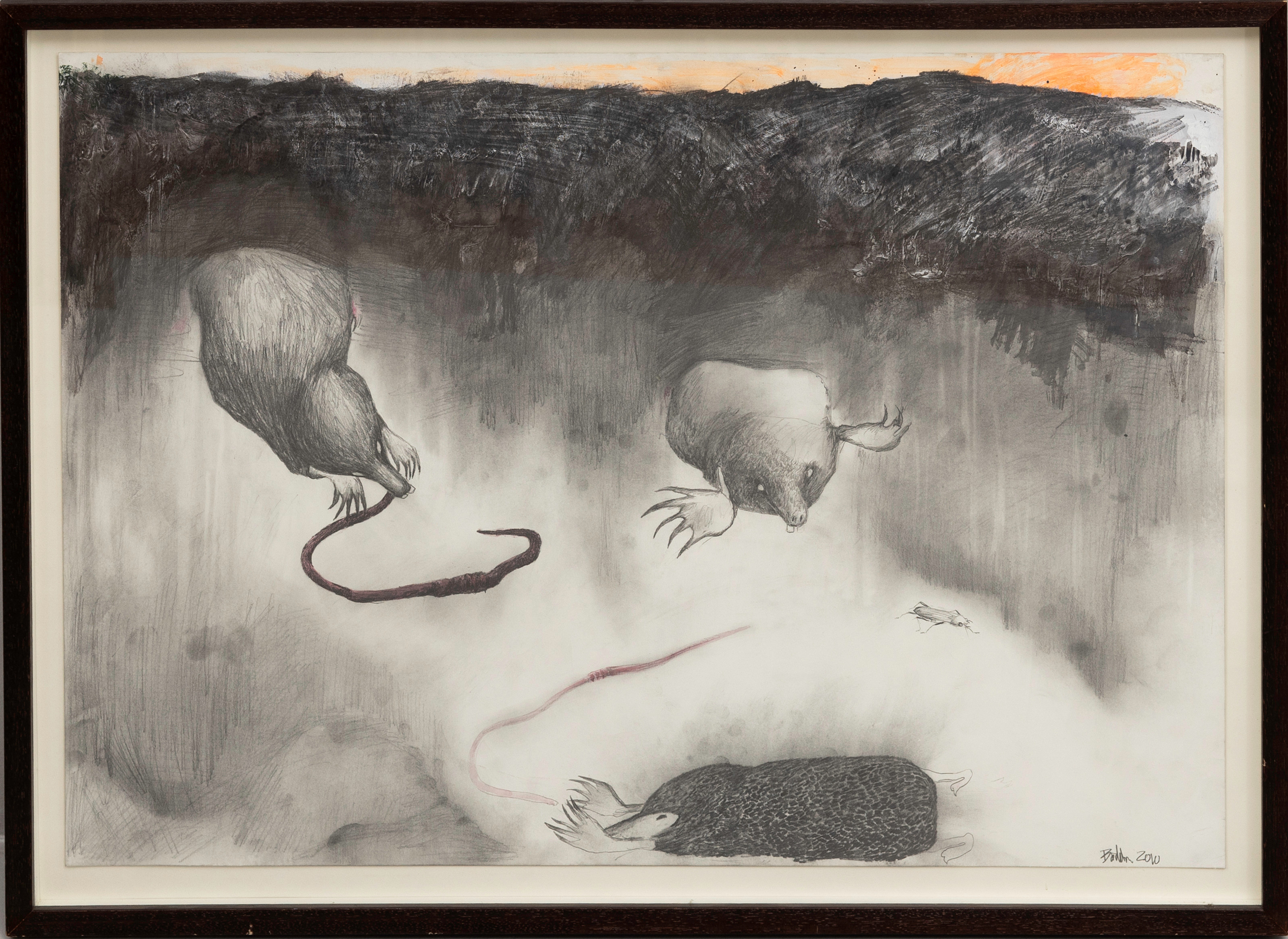 MATTIAS BÄCKLIN (1969-). Mullvadar, blyets och olja på papper signerad och daterad, Bäcklin, 2010.
