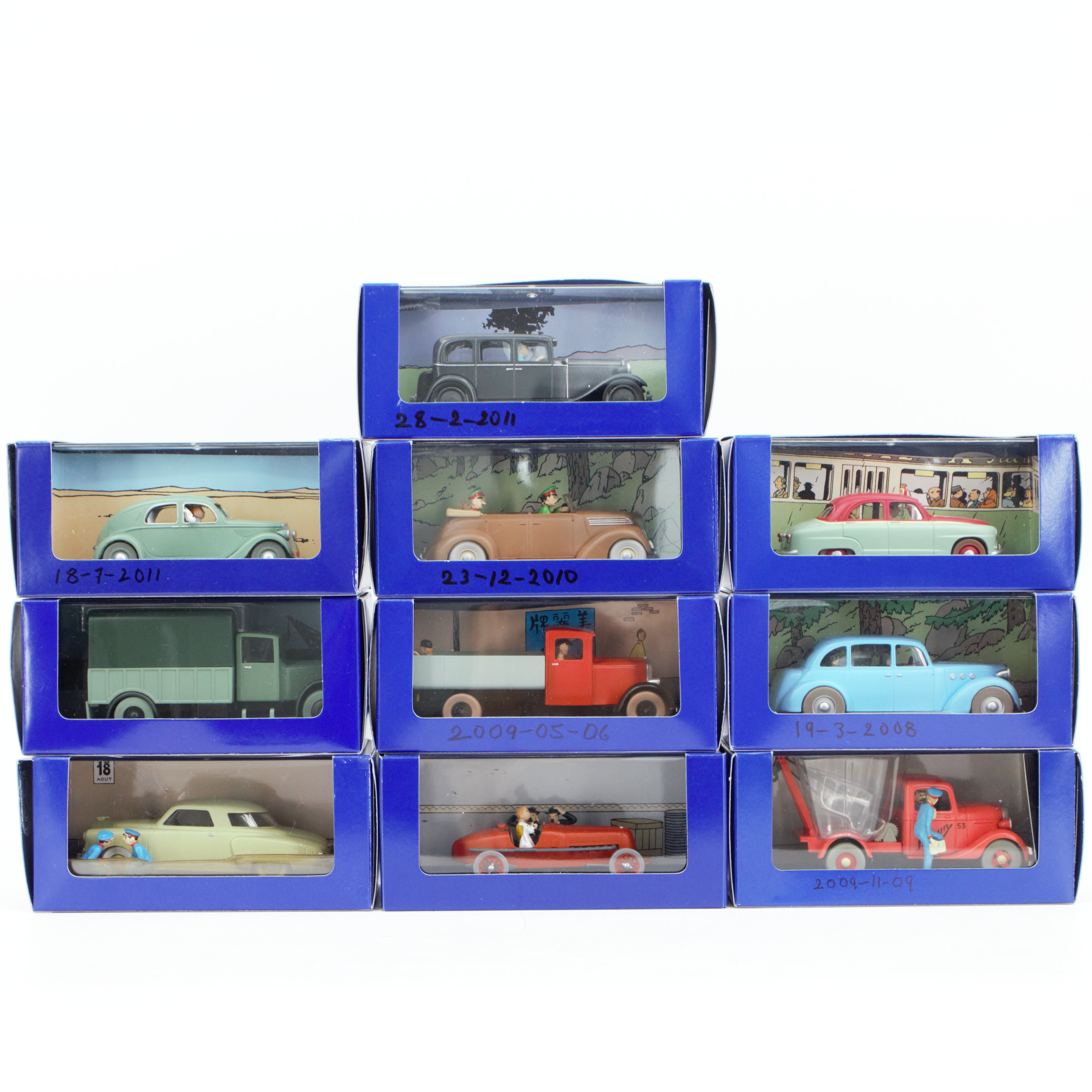 SAMLARBILAR, 10 st, Tintin, Herge-de L'oreille Cassée, Moulinsart, Atlas Edition, bl.a. "Tintin au pays de l'or noir", "L'or noir" och "Le sceptre d'ottokar" originalförpackningar.