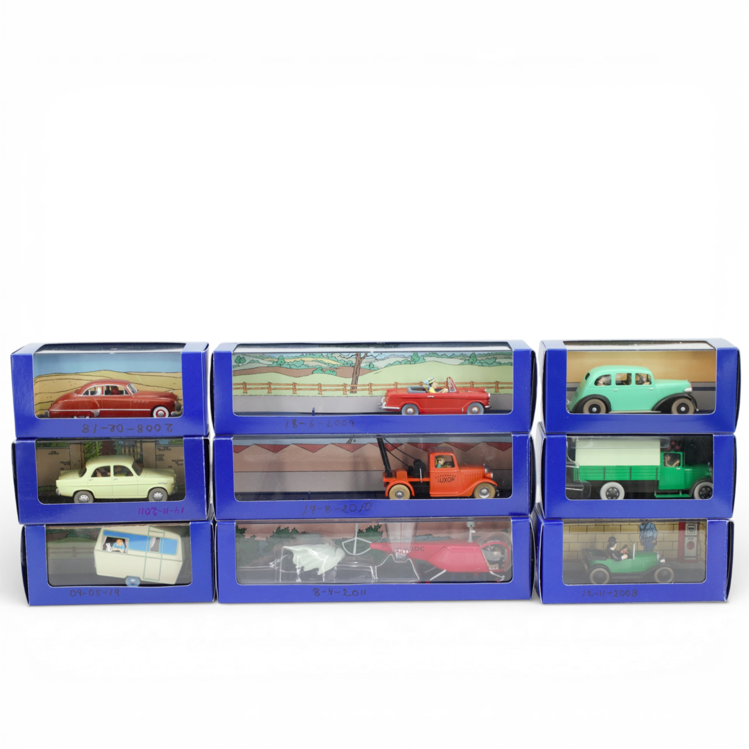 SAMLARBILAR, 9 st, Tintin, Herge-de L'oreille Cassée, Moulinsart, Atlas Edition, bl.a. "L'ile noire", "L'oreille cassée" och "L'affaire tournesol" originalförpackningar.