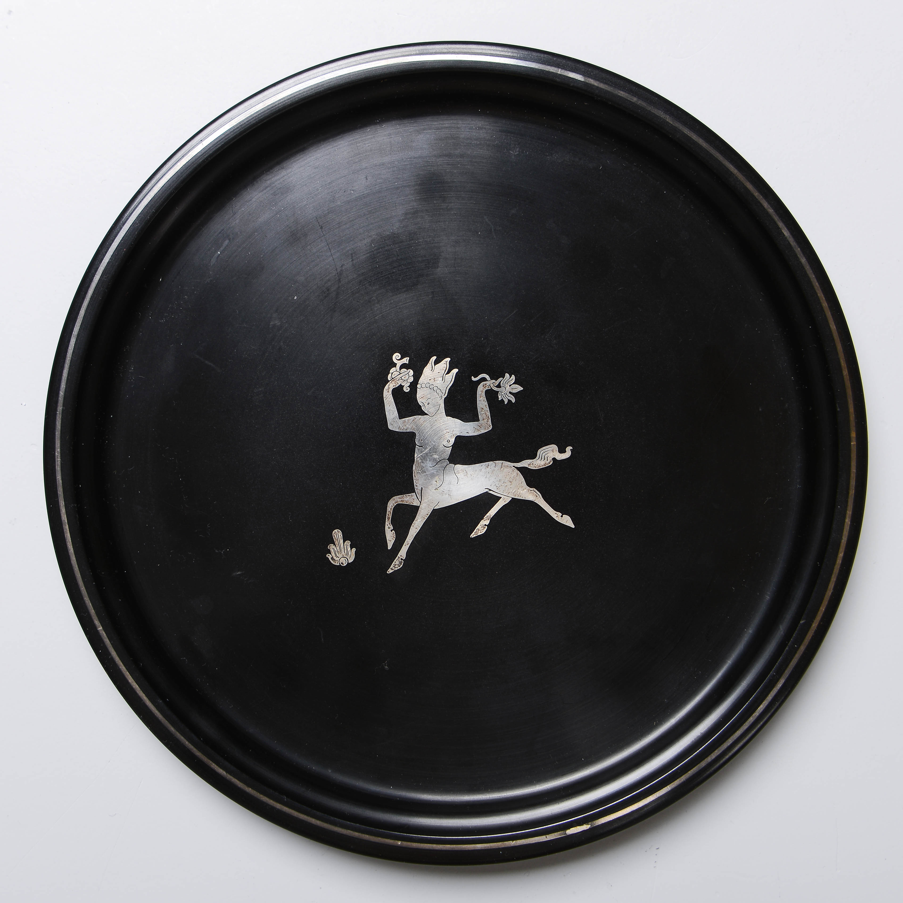 WILHELMINA WENDT. Bricka med silverinlägg, Perstorp, 1947.