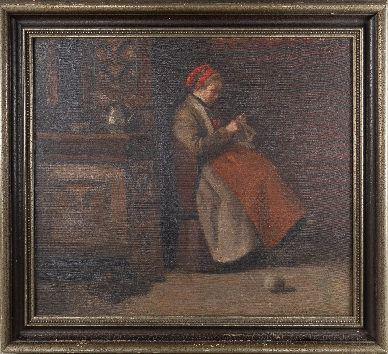 EVA SCHILLBERG (1881-1967). Interiörscen, olja på duk.