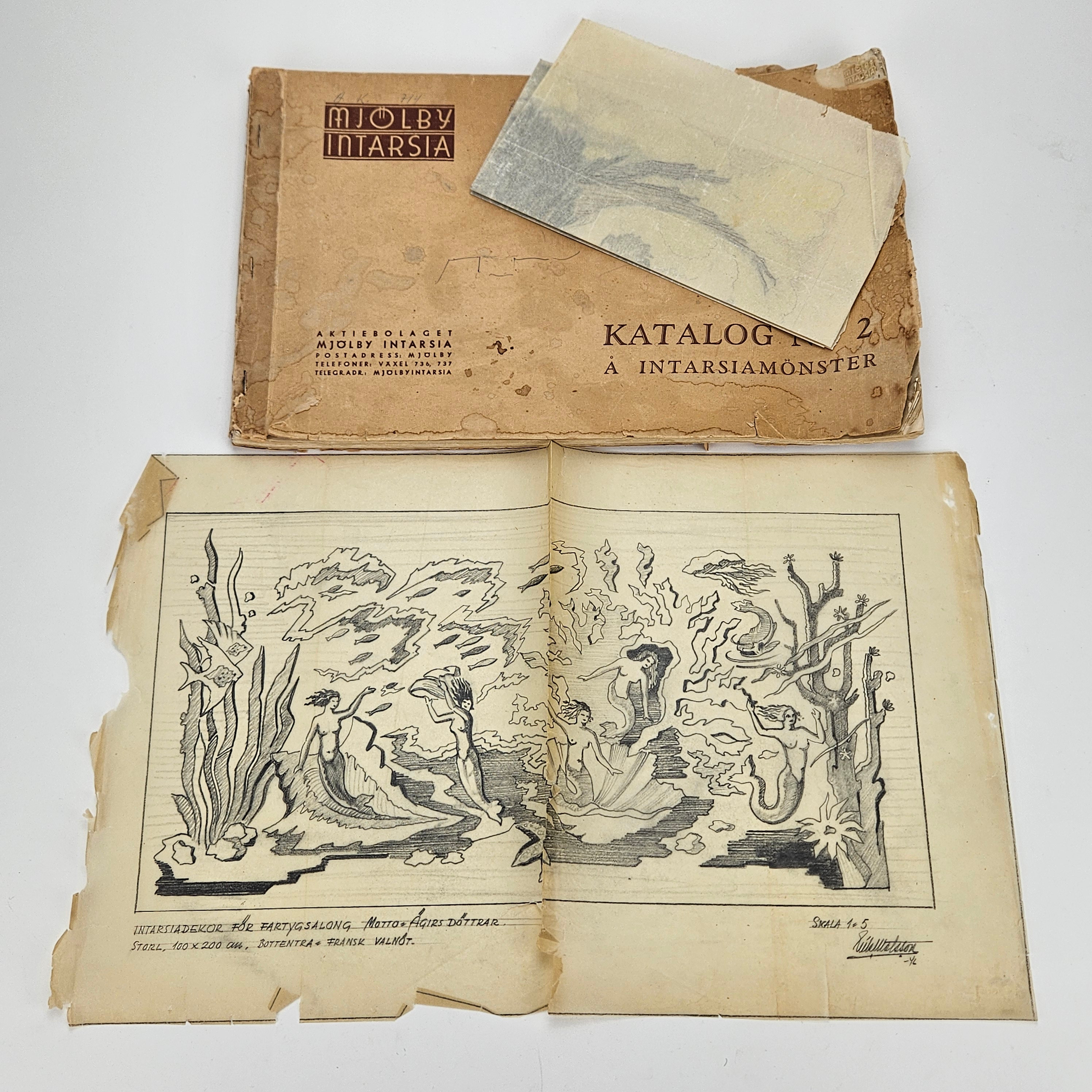 MJÖLBY INTARSIA. Katalog N:r 2. TECKNINGAR, 2 st, signerade.
