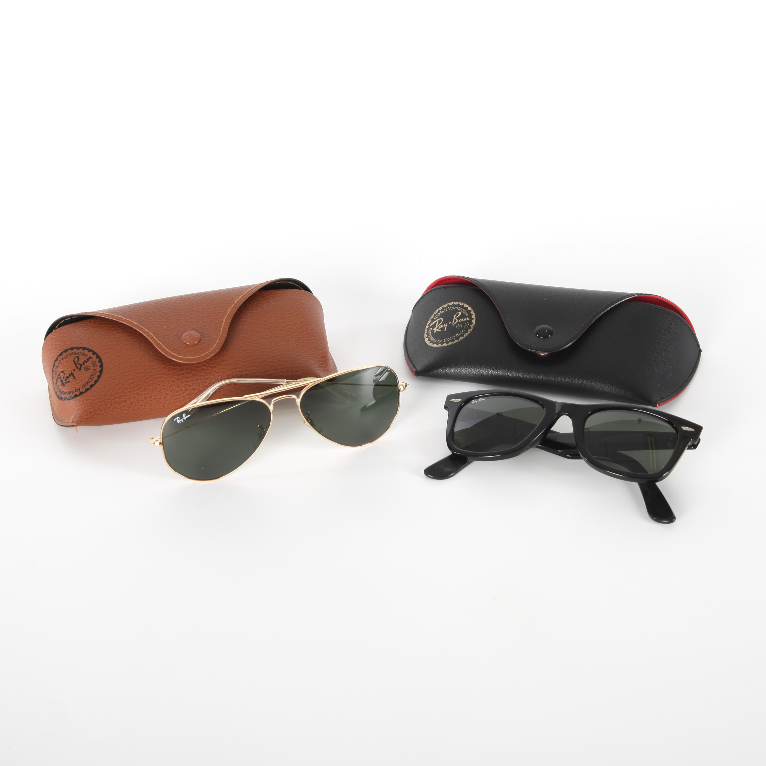 SOLGLASÖGON Ray-Ban, 2 par, Mod Aviator RB 3025 & Wayfarer RB 2140.
