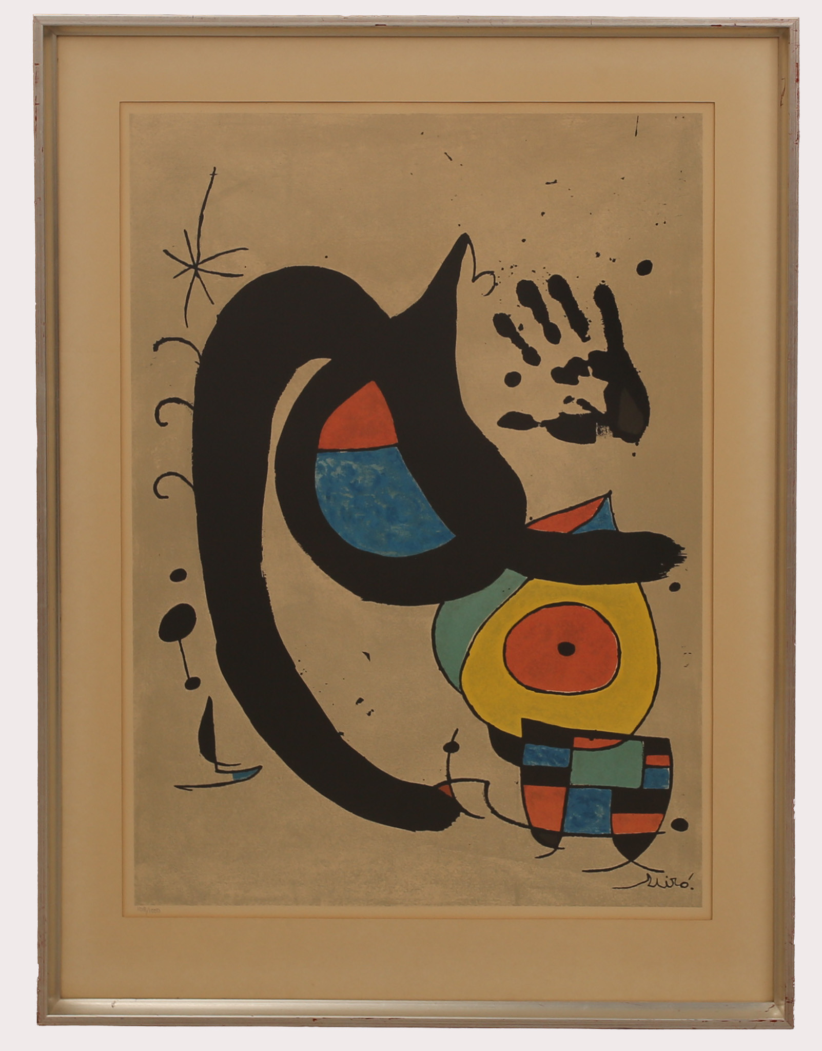 JOAN MIRÓ. EFTER. Färglitografi "Femme à l'oise". komposition med handavtryck, signerad i plåten, numrerad 108/1000.