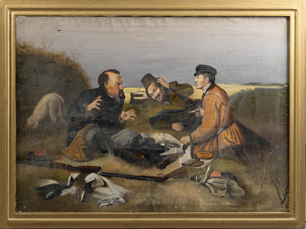 OIDENTIFIERAD KONSTNÄR. Olja på duk, jaktmotiv, signerad & daterad -56.