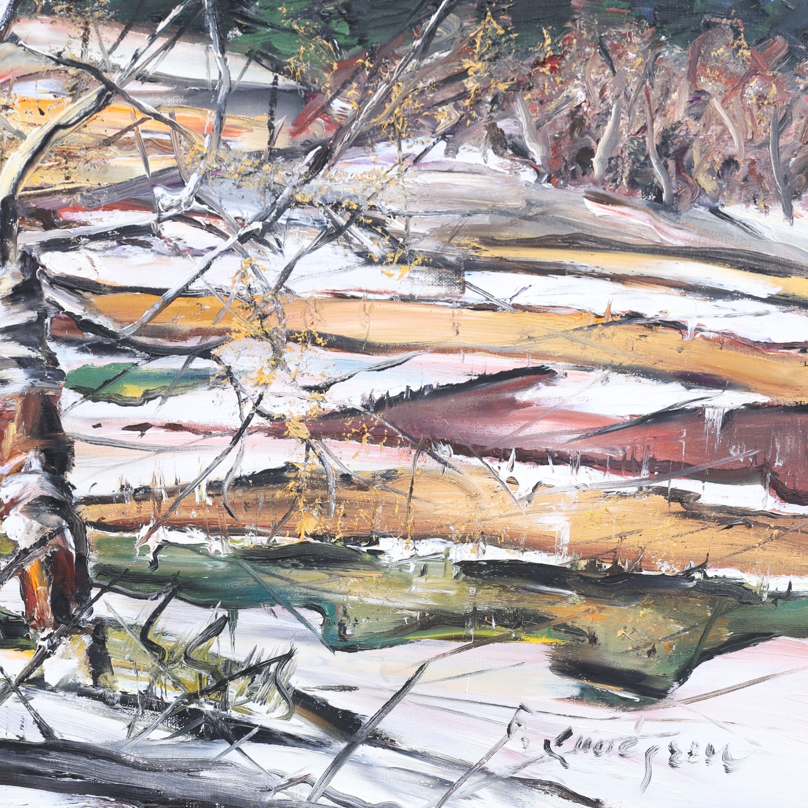 OIDENTIFIERAD KONSTNÄR. Vinterlandskap med björk, olja på duk, signerad.