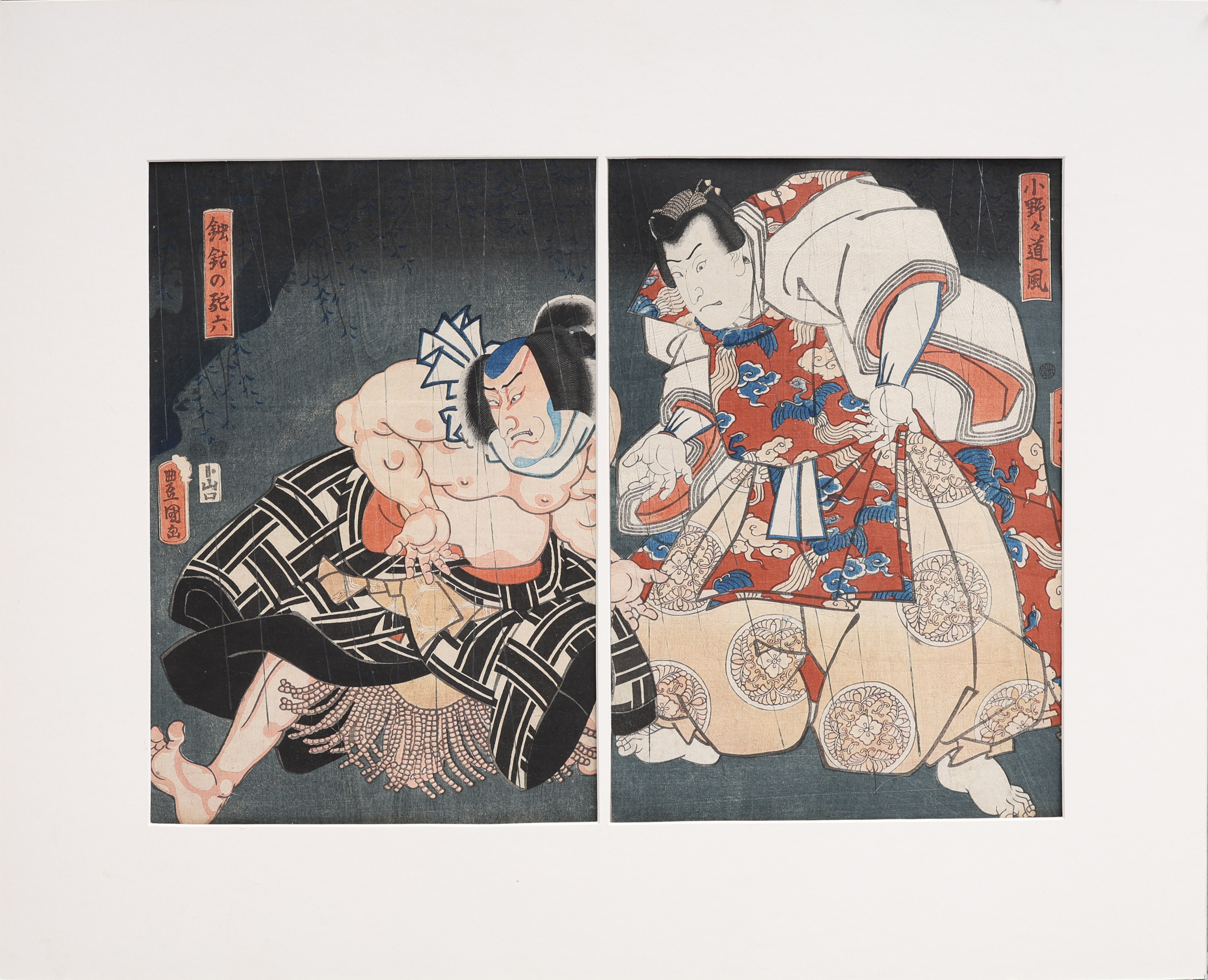 UTAGAWA KUNISADA "TOYOKUNI III". TRÄSNITT, UKIYO-E, MATSUMOTO KŌSHIRŌ VI SOM HŌROKU OCH MÖJLIGEN KATAOKA NIZAEMON VIII SOM ONO NO MICHIKAZE, O. 1845.