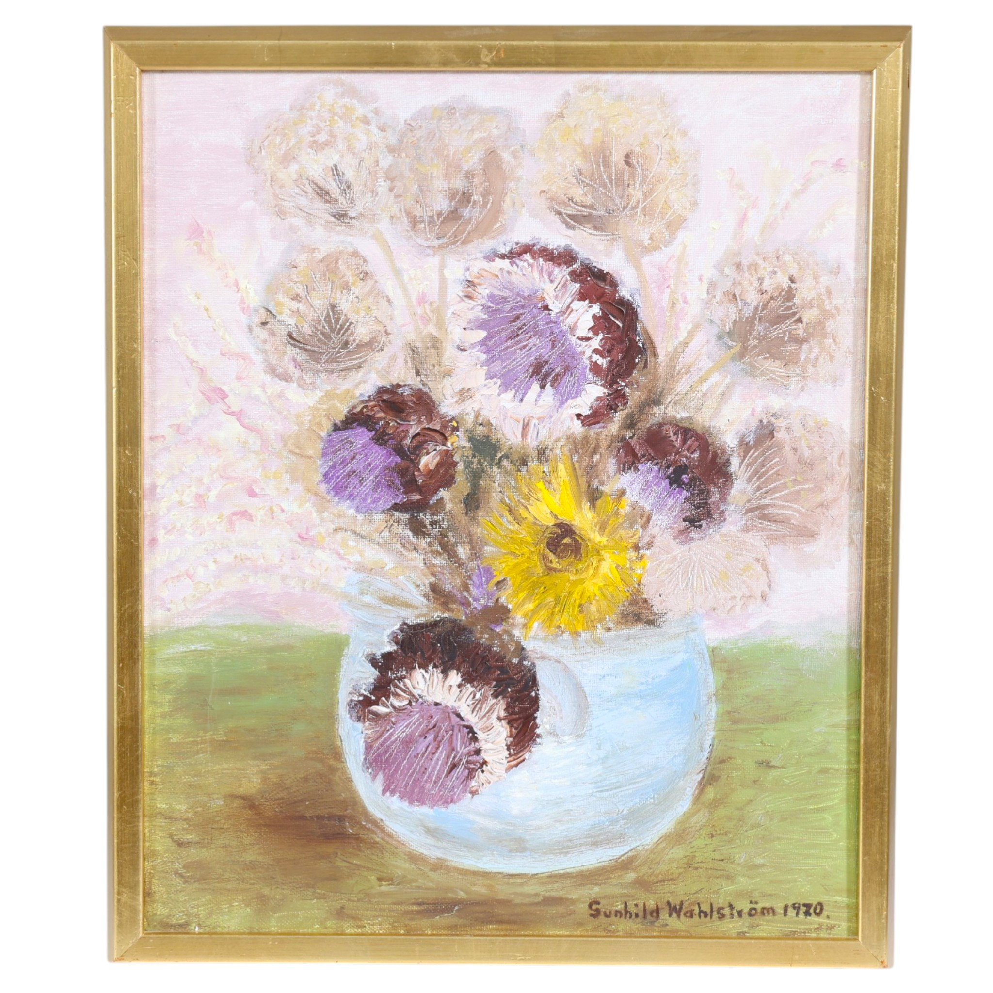 GUNHILD WAHLSTRÖM. "Kronärtskockor", olja på duk, signerad och daterad 1970.