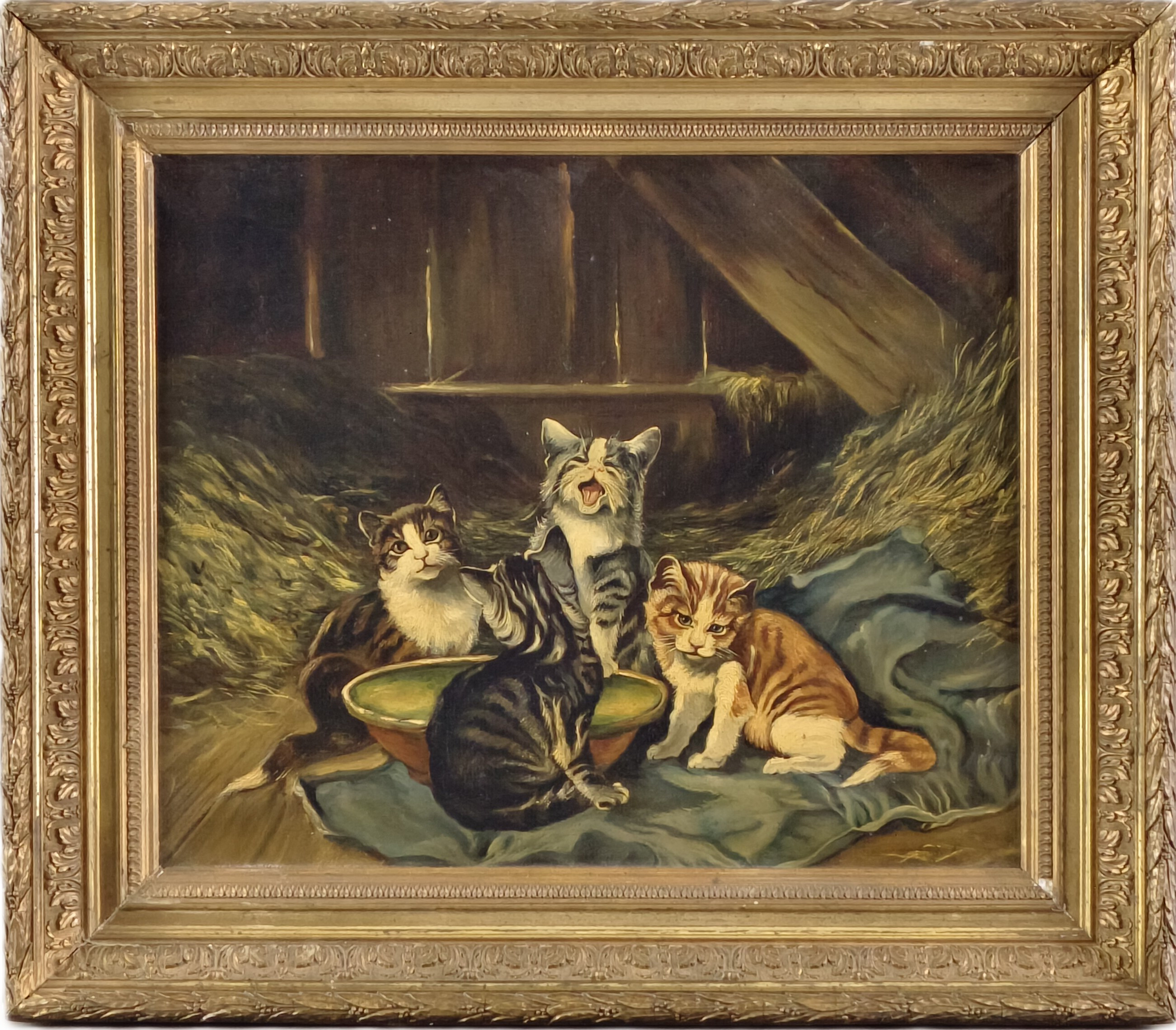 JULIUS ADAM D. J. REPLIK. Vier Kätzchen im Stall, Öl auf Leinwand, 20. Jh.