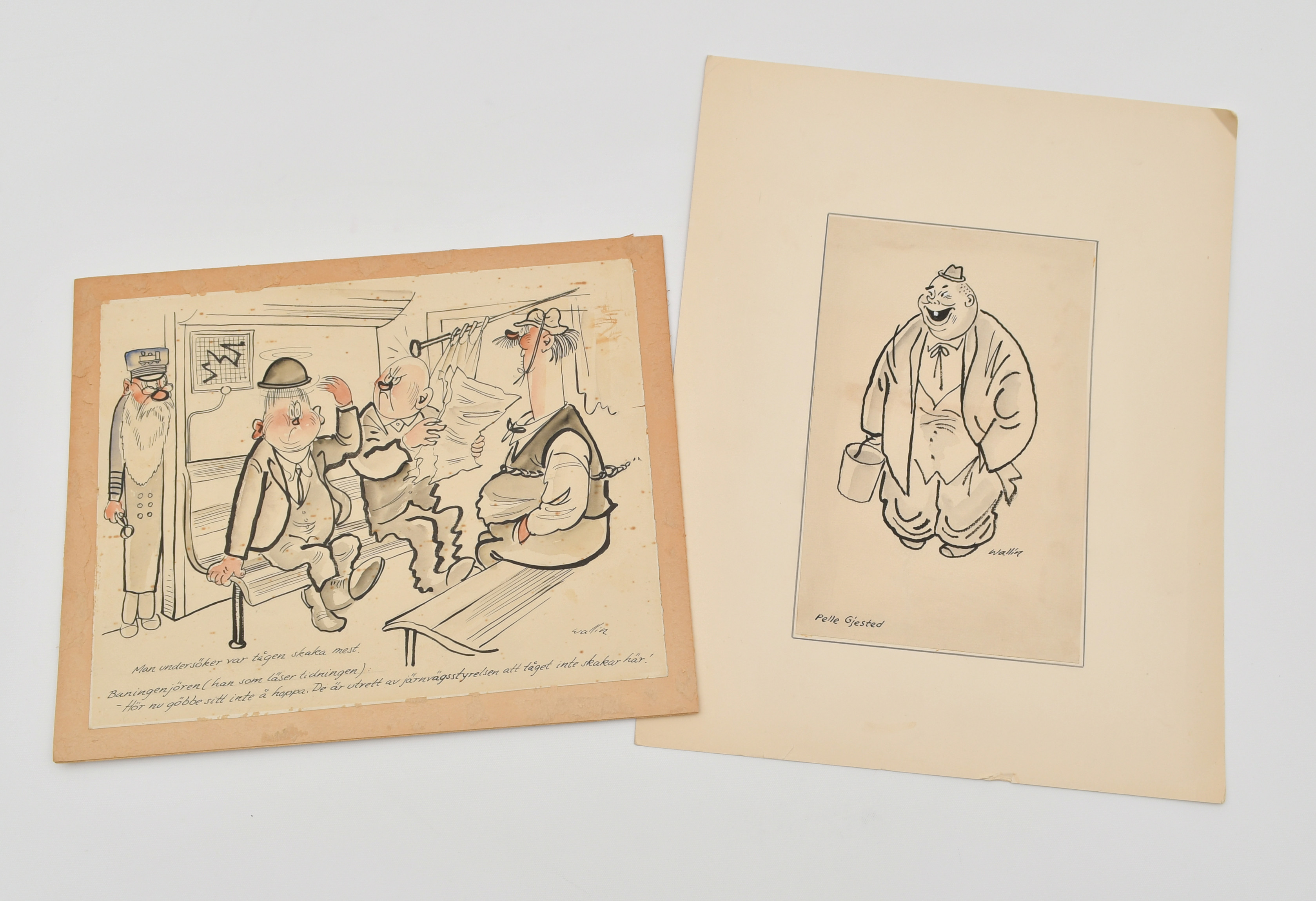 GUNNAR WALLIN. Pelle Gjested & Skakande tåg. Wallins Gubbar. 2st originalteckningar.