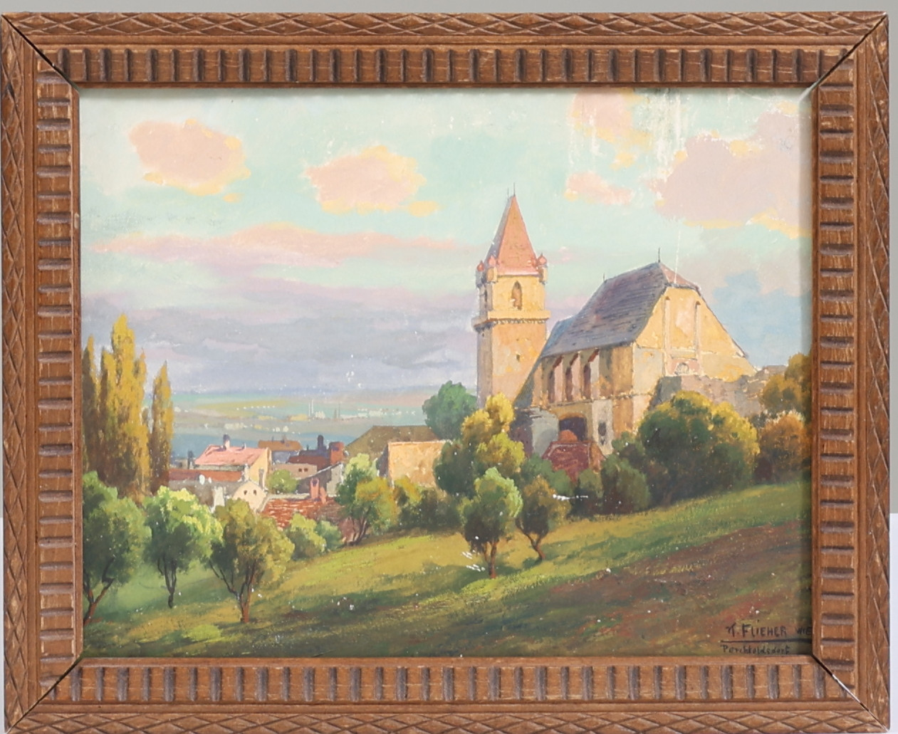 KARL FLIEHER. (ÖSTERRIKE 1981-1958) "Perchtoldsdorf" Gouache, olja på pannå och akvarell, signerad samt daterad a tergo 1912.