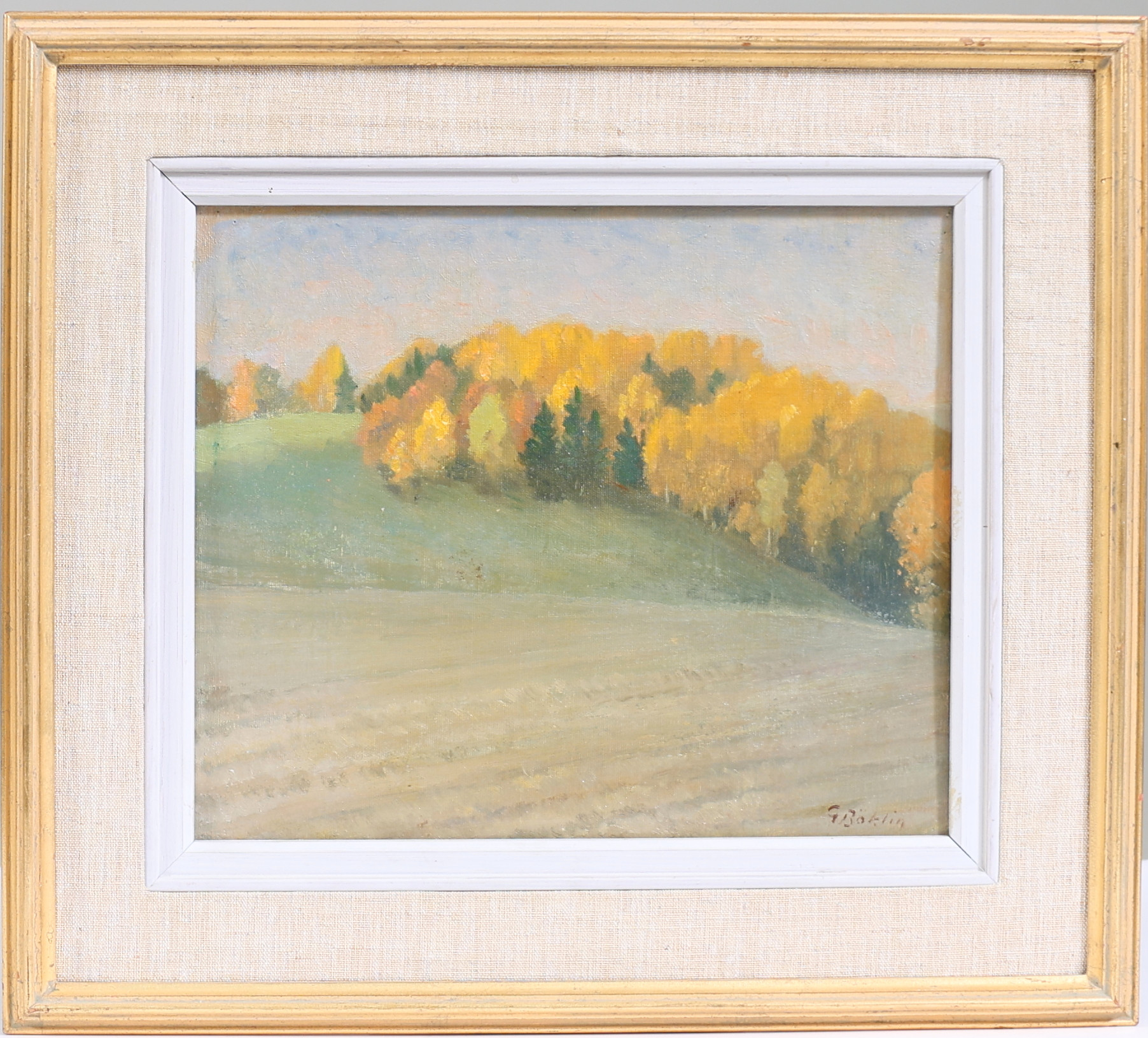 GUSTAF BÖKLIN. "Höstfärger" motiv från Hossebo, Råby-Rönö, olja på pannå, signerad.