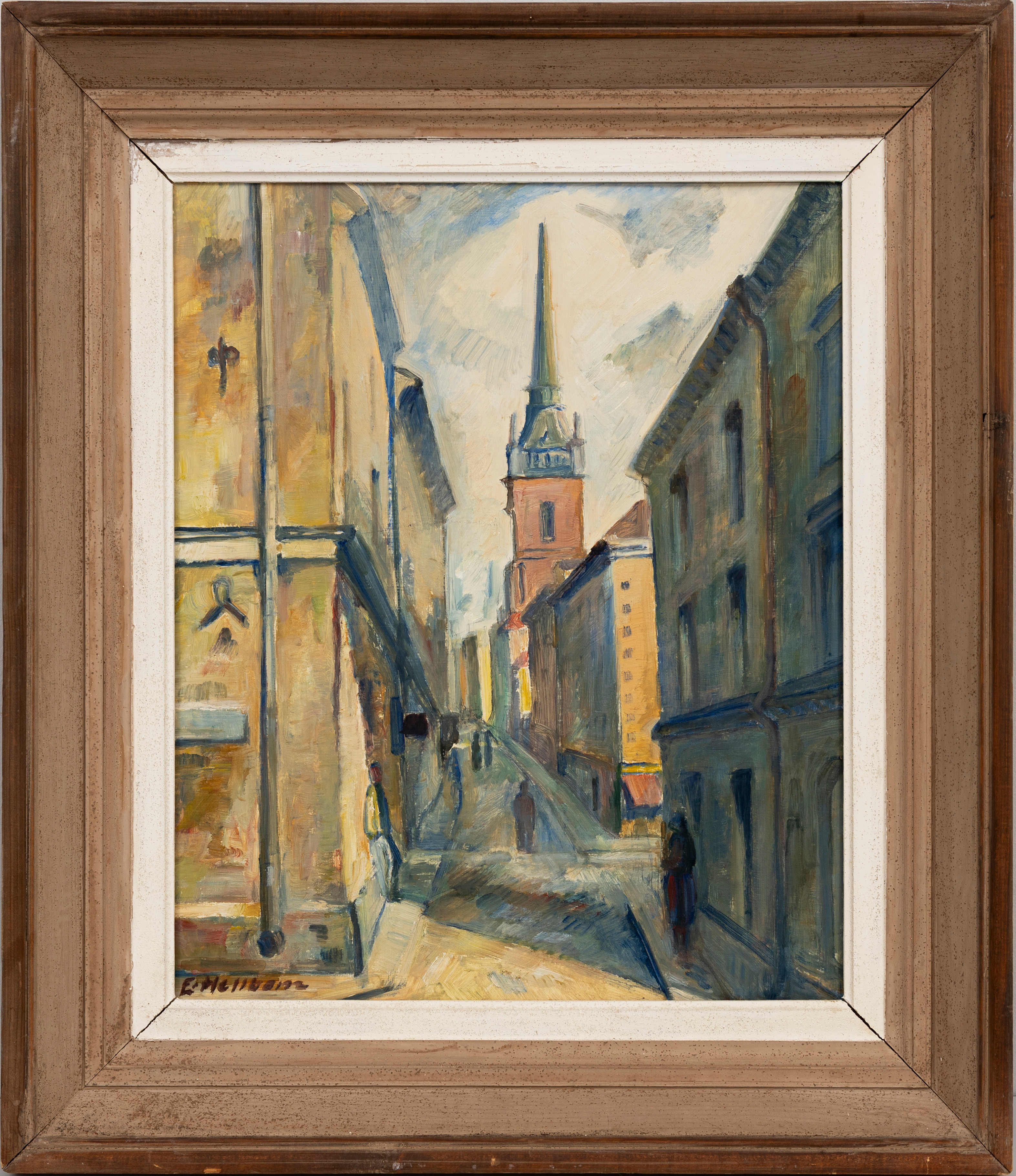 ERIK HELLBOM (1895–1969). Gamla Stan med tyska kyrkan, olja på pannå, signerad, E. Hellbom.