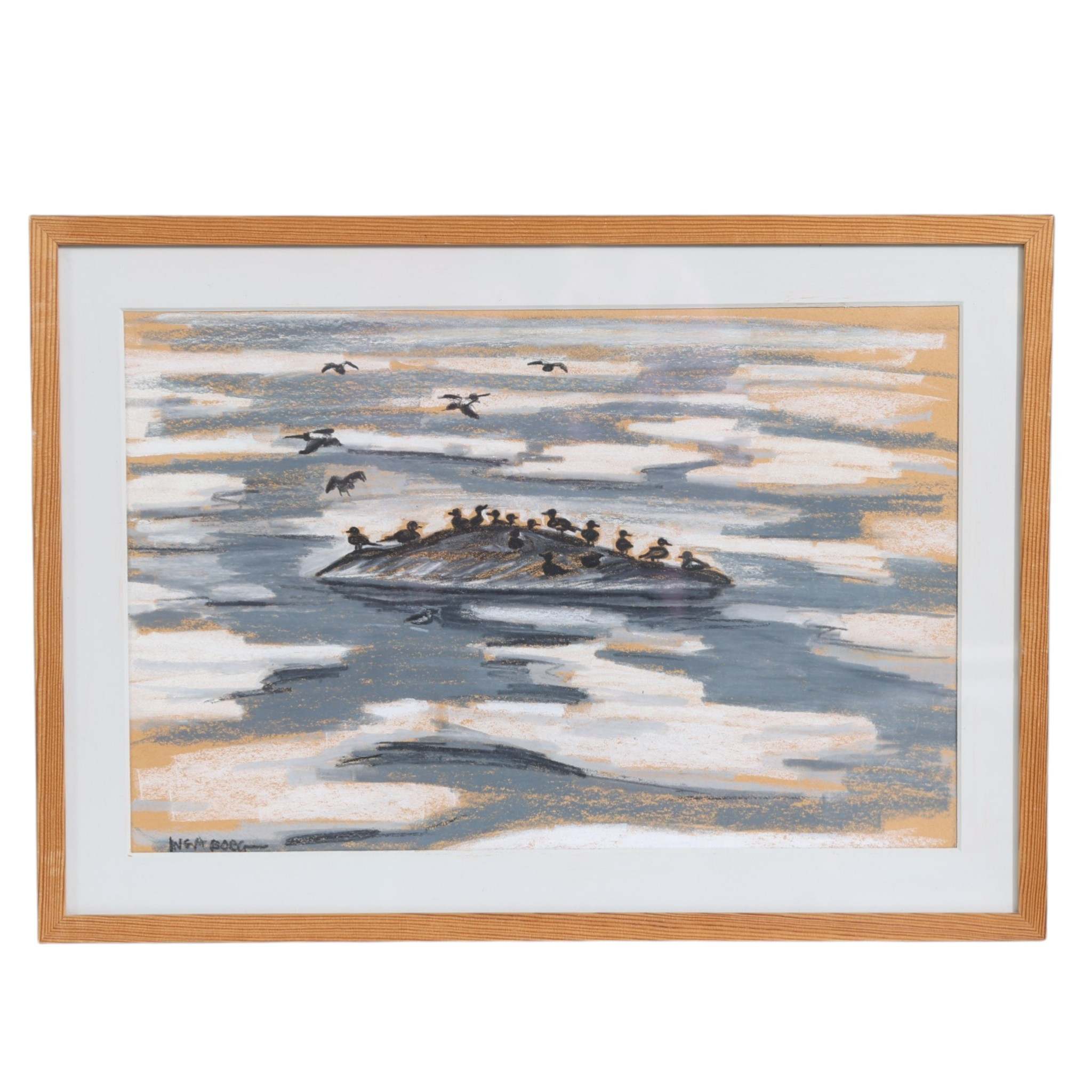 INGA BORG. Alfåglarna ur Plupp reser till havet, pastell, signerad.