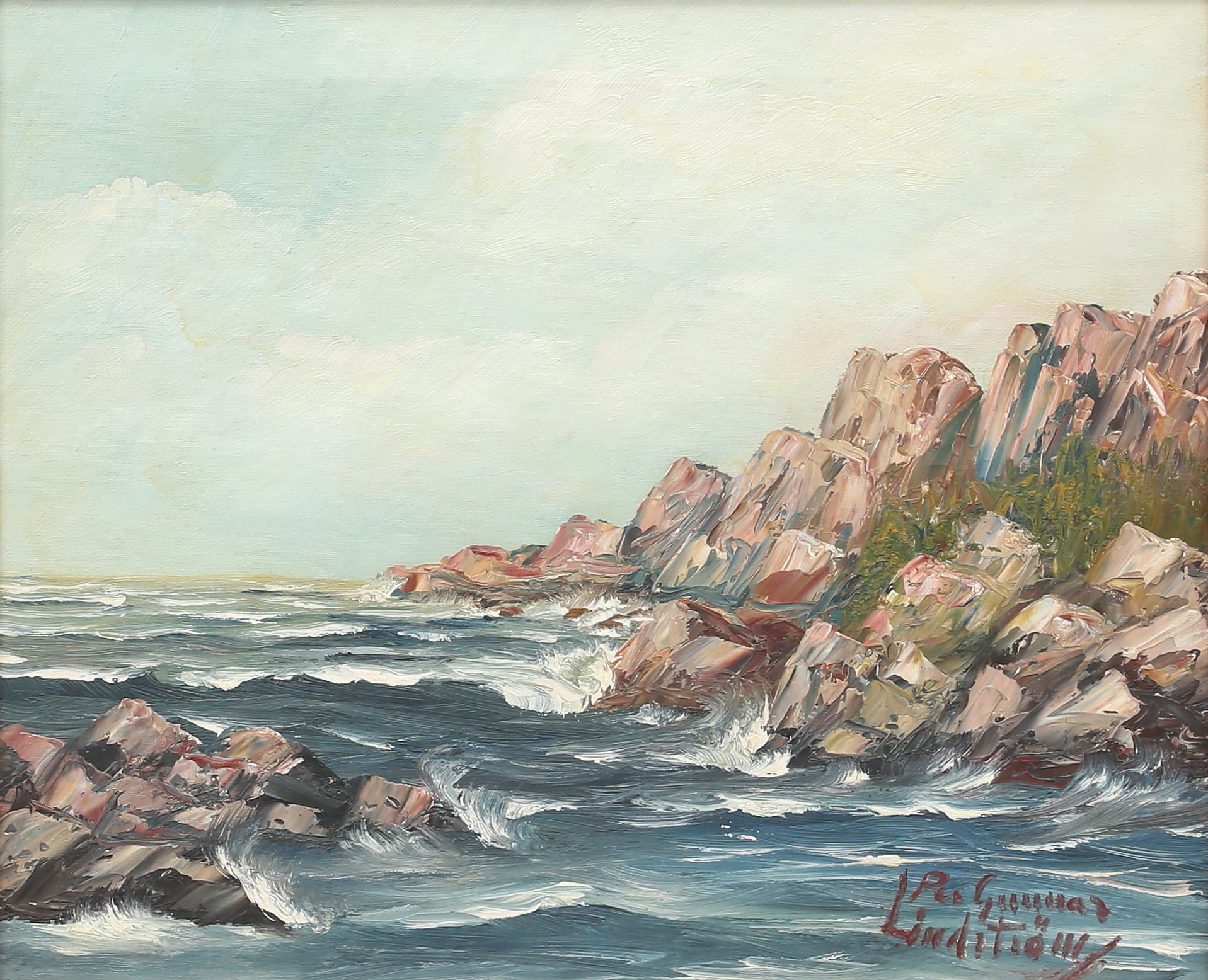 PER  GUNNAR LINDSTRÖM. Olja på duk, klippig kust, signerad.