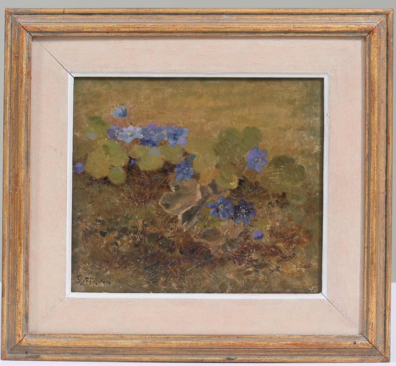 GUSTAF BÖKLIN. Blåsippor, olja på pannå, signerad.