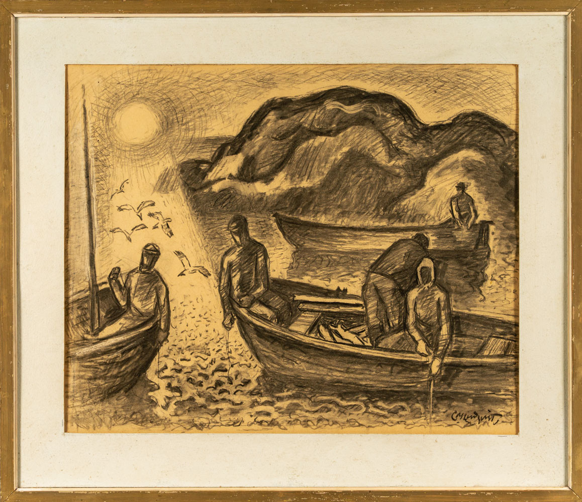 CARL MAGNUS LINDQVIST. Kolteckning, signerad "fiskare på sjön" tidigt 1900tal.