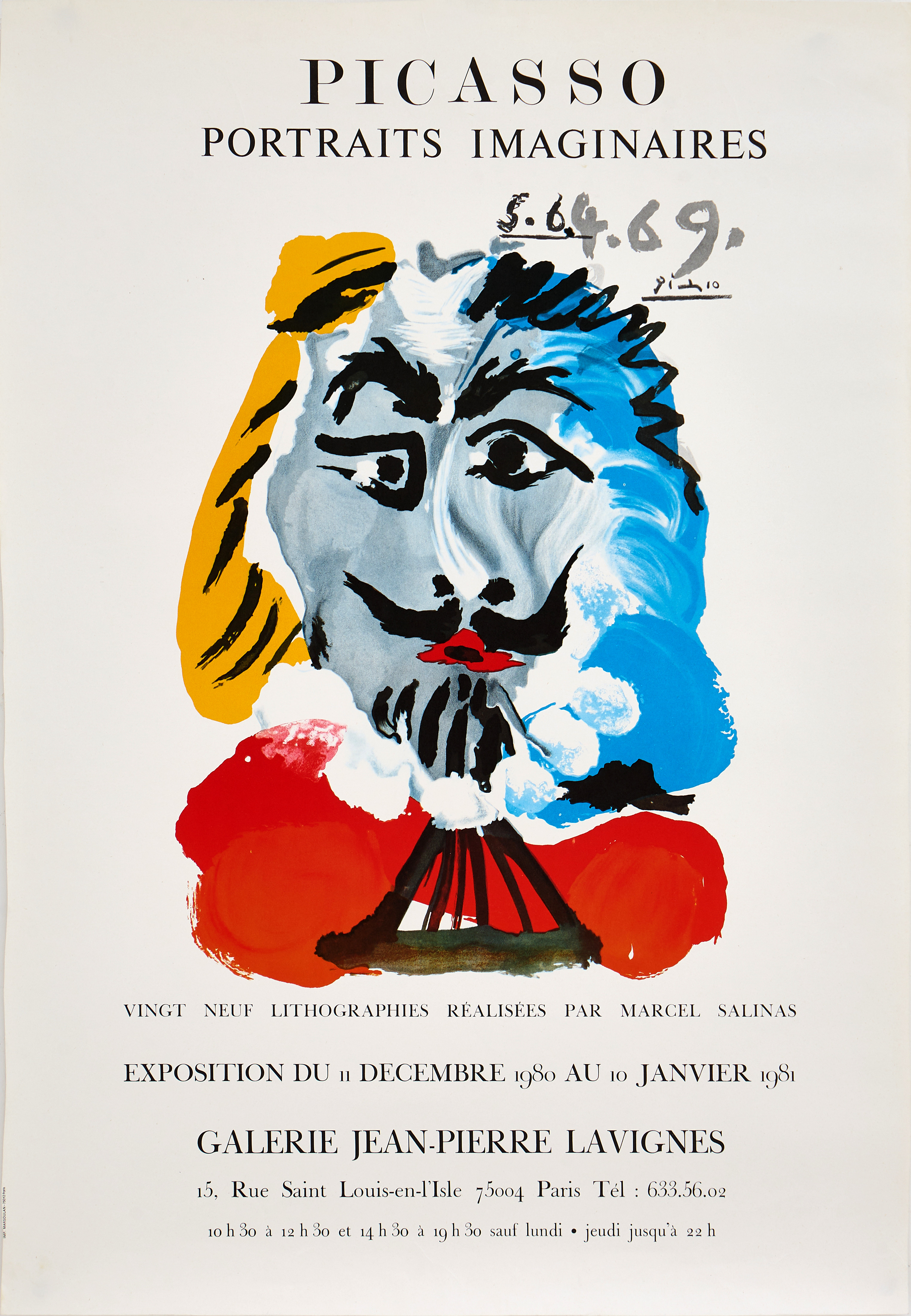 PABLO PICASSO (1881-1973). Efter. Utställningsaffisch, "Portraits Imaginaires", i samarbete med Marcel Salinas, Galerie Jean-Pierre Lavignes, Frankrike 1980, offset.