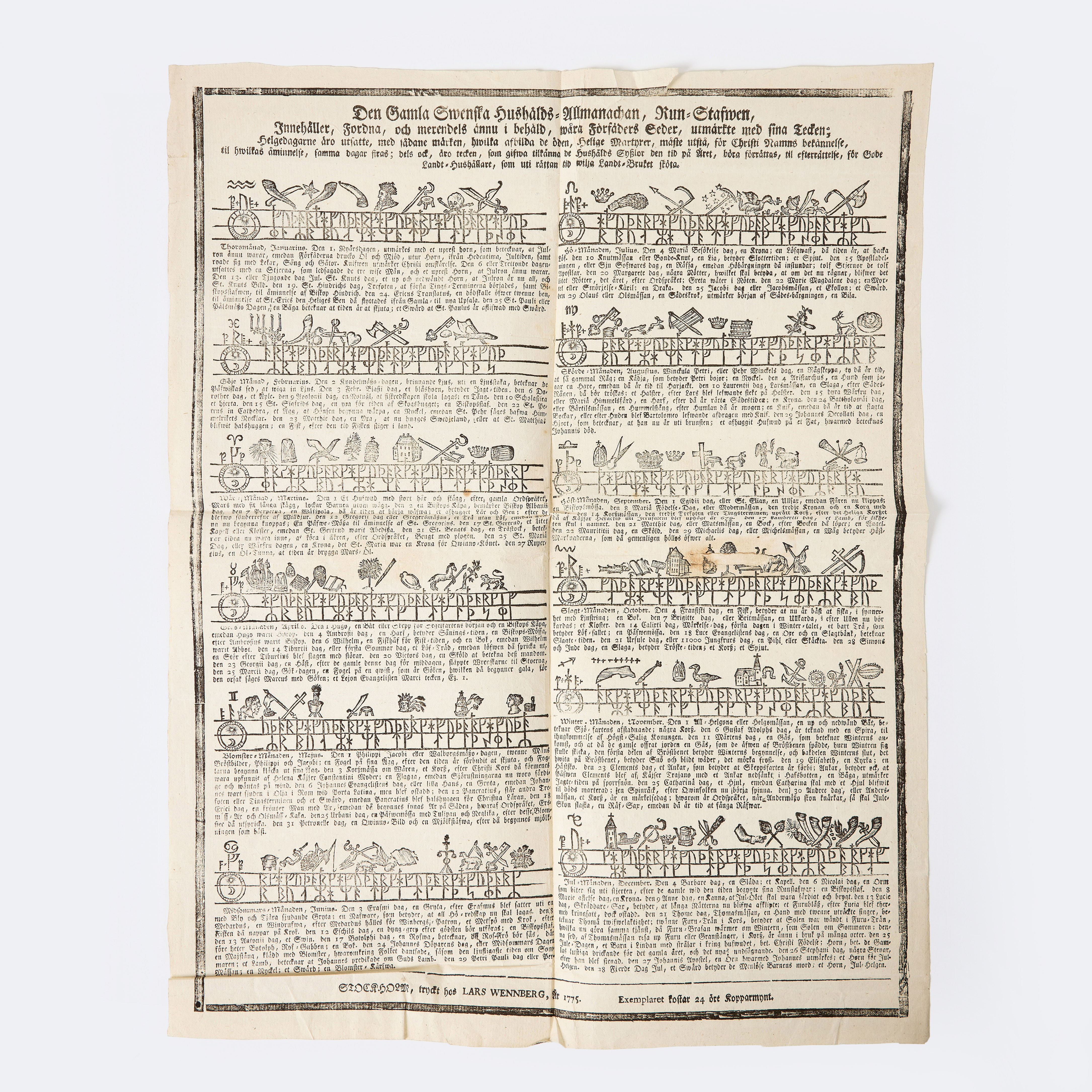 RUNSTAV - ALMANACKA, Stockholm, tryckt hos Lars Wennberg, år 1775.