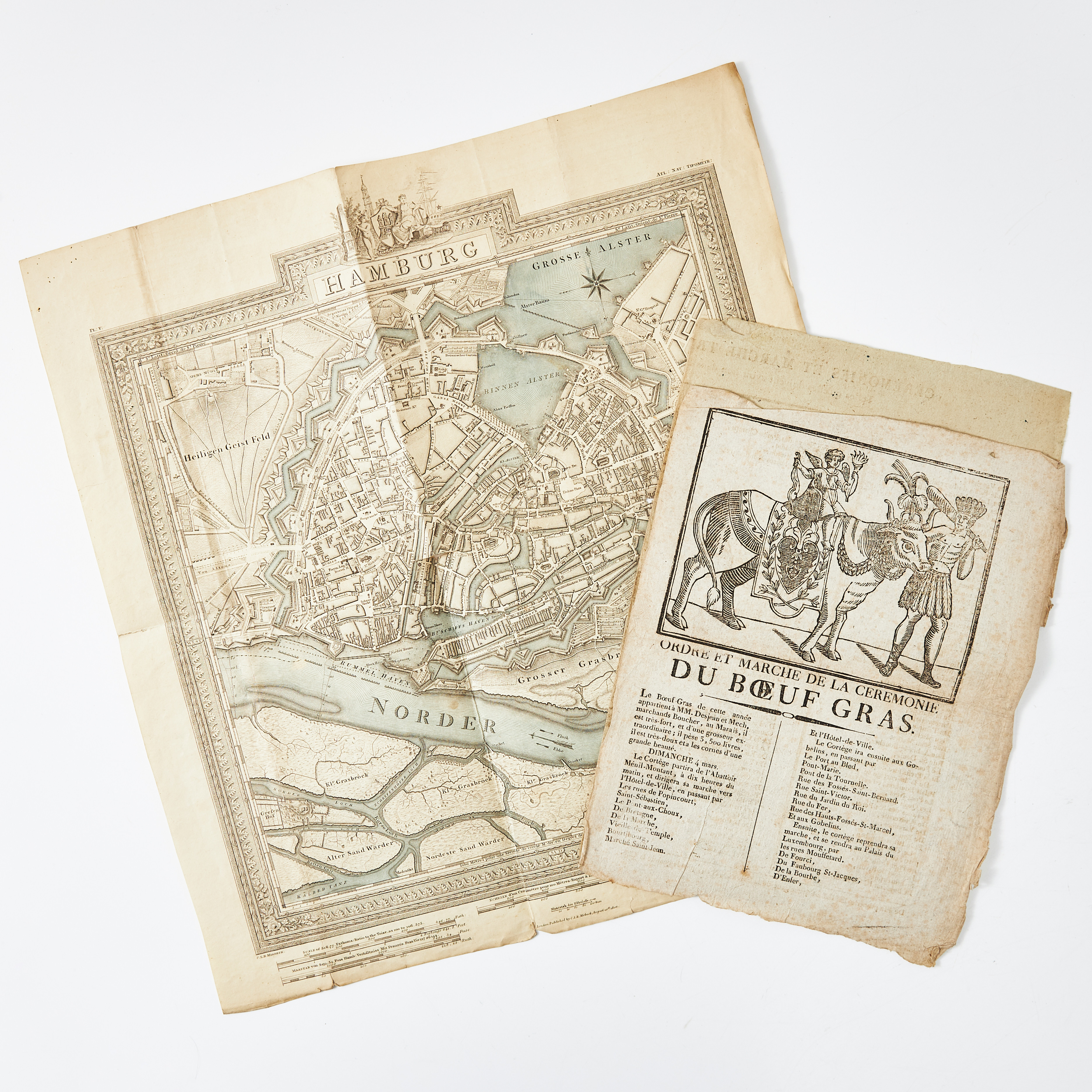 2 TRÄSNITT, FRANKRIKE, tidigt 1800-tal, 1 karta Hamburg, 1803.