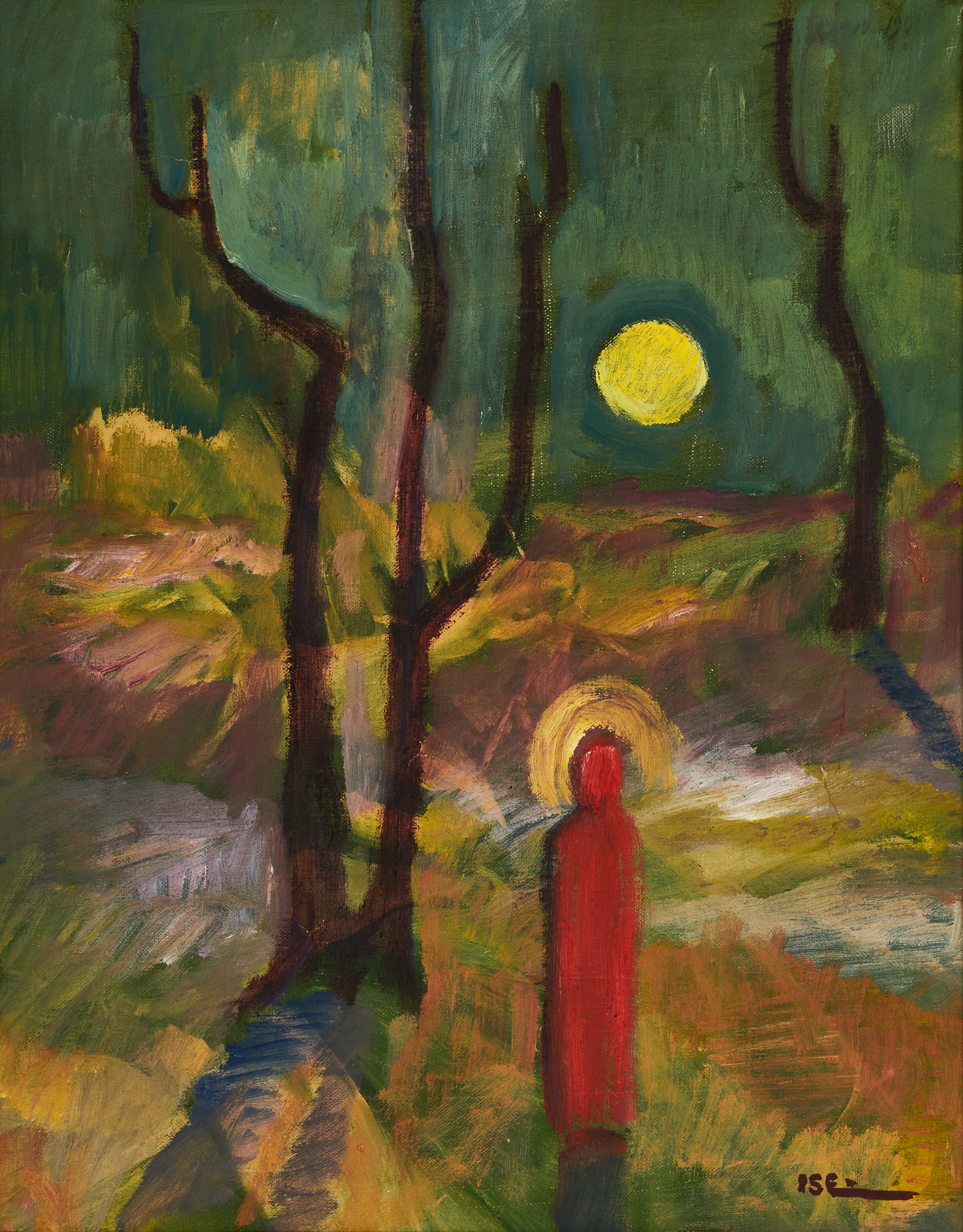 LOUISE "ISE" MORSSING (född Lilliesköld) (Östersund 1878-1969 Stockholm), Kristusfigur i soluppgång, signerad ISE, olja på pannå.