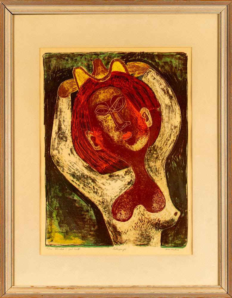 NILS WEDEL. Färglitografi, signerad, numrerad 19/70, "flicka i gul hatt".