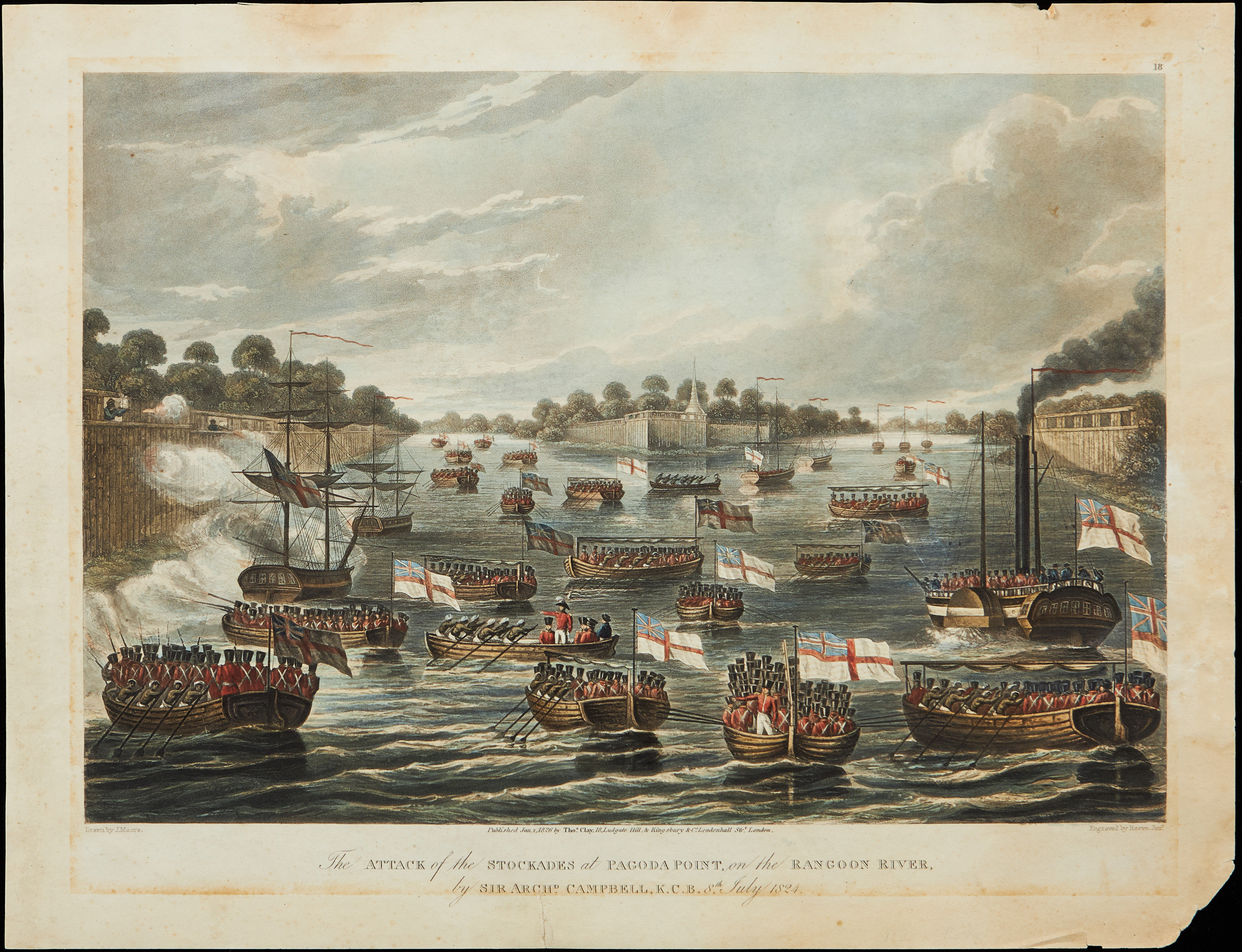 SLAGET VID RANGOON RIVER, 1826, gravyr av Reeve efter Joseph Moore.