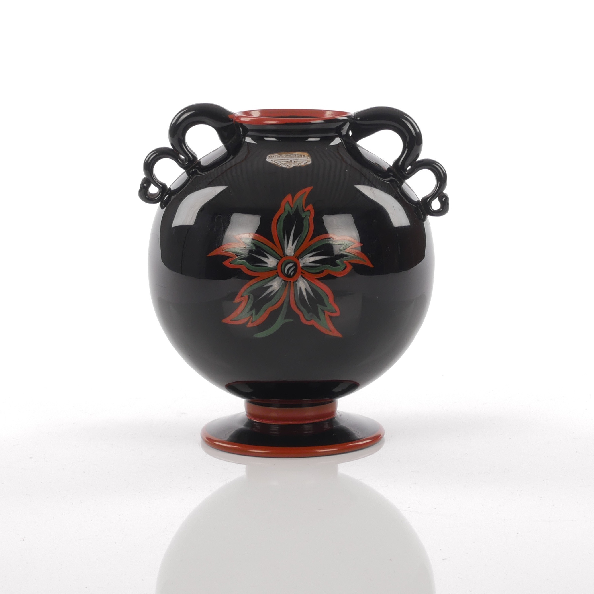 WILLIAM STENBERG. Vas, Art Deco, svart glasmassa med målad dekor, Gullaskruf, 1930-tal.