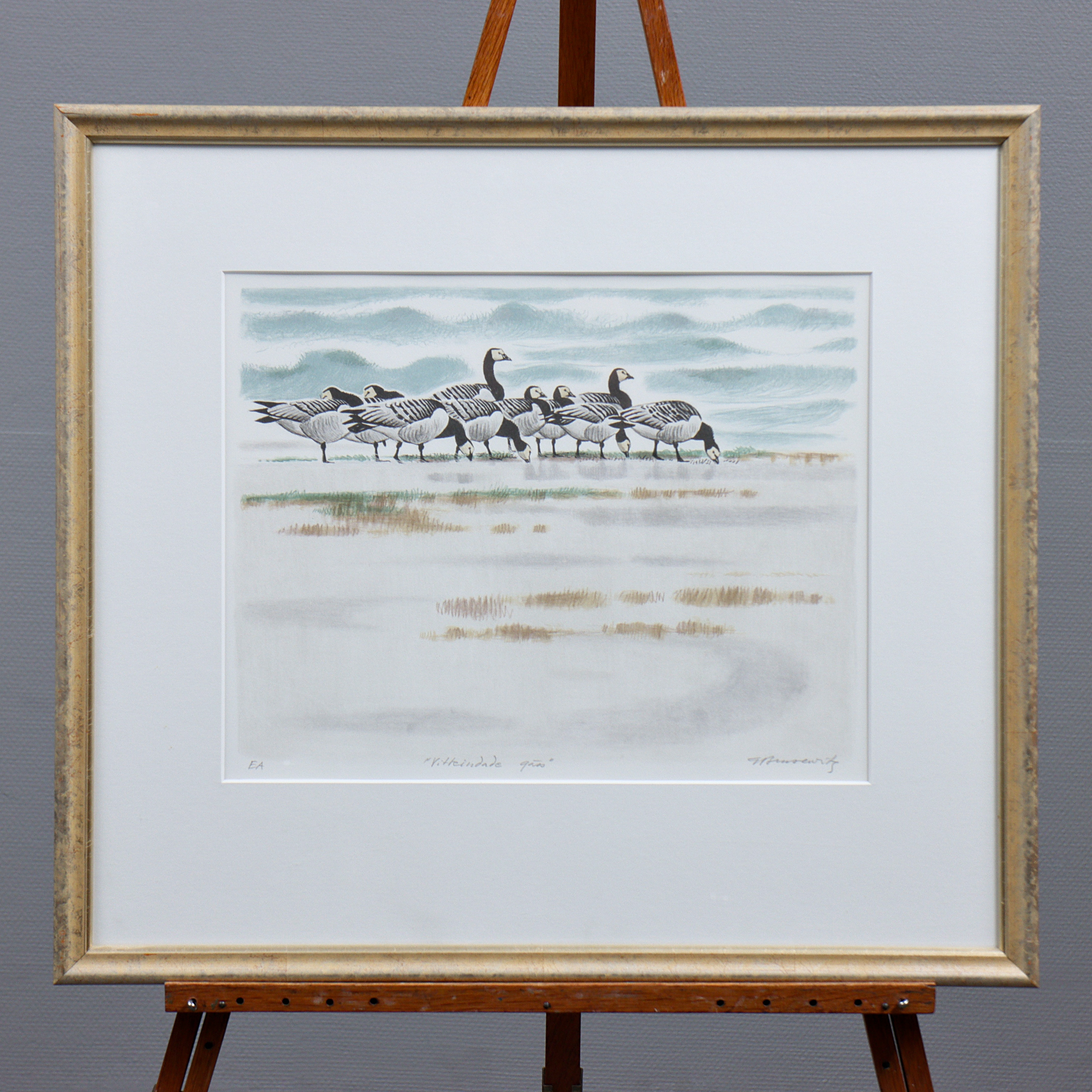 GUNNAR BRUSEWITZ. LITOGRAFI "VITTEINDADE GÄSS" EA, SIGNERAD.