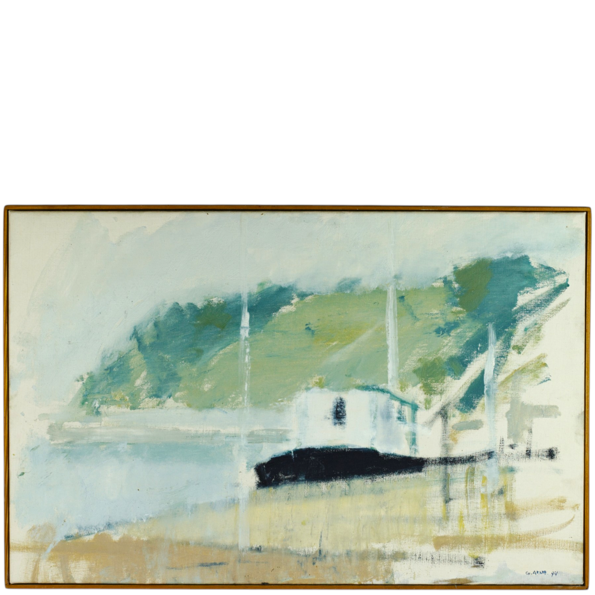 GUSTAV ARNE. Olja på duk, "Skuta vid... (otydlig text) 1974, signerad, -74.
