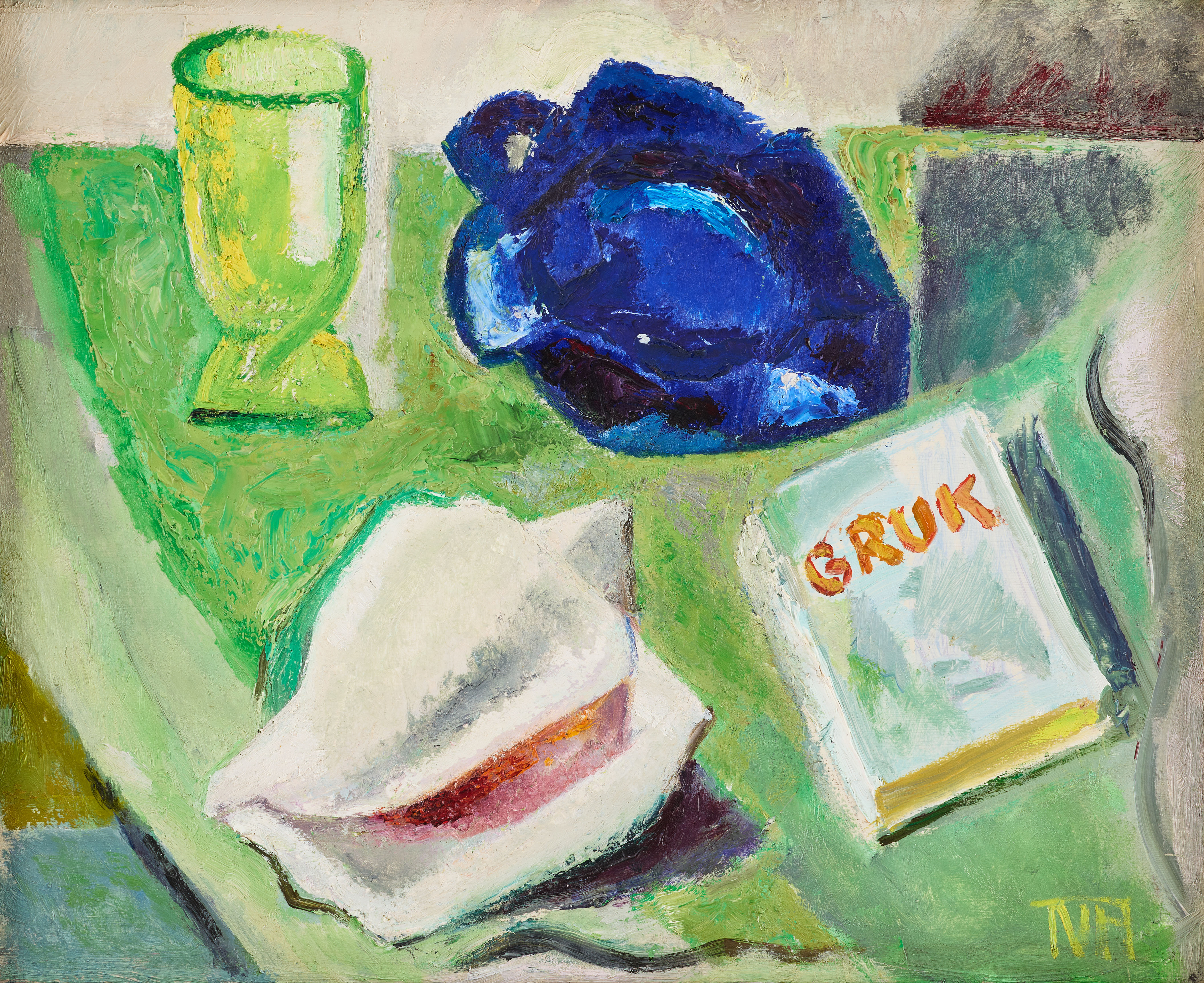 TORA VEGA HOLMSTRÖM. Stilleben med snäcka och bok.