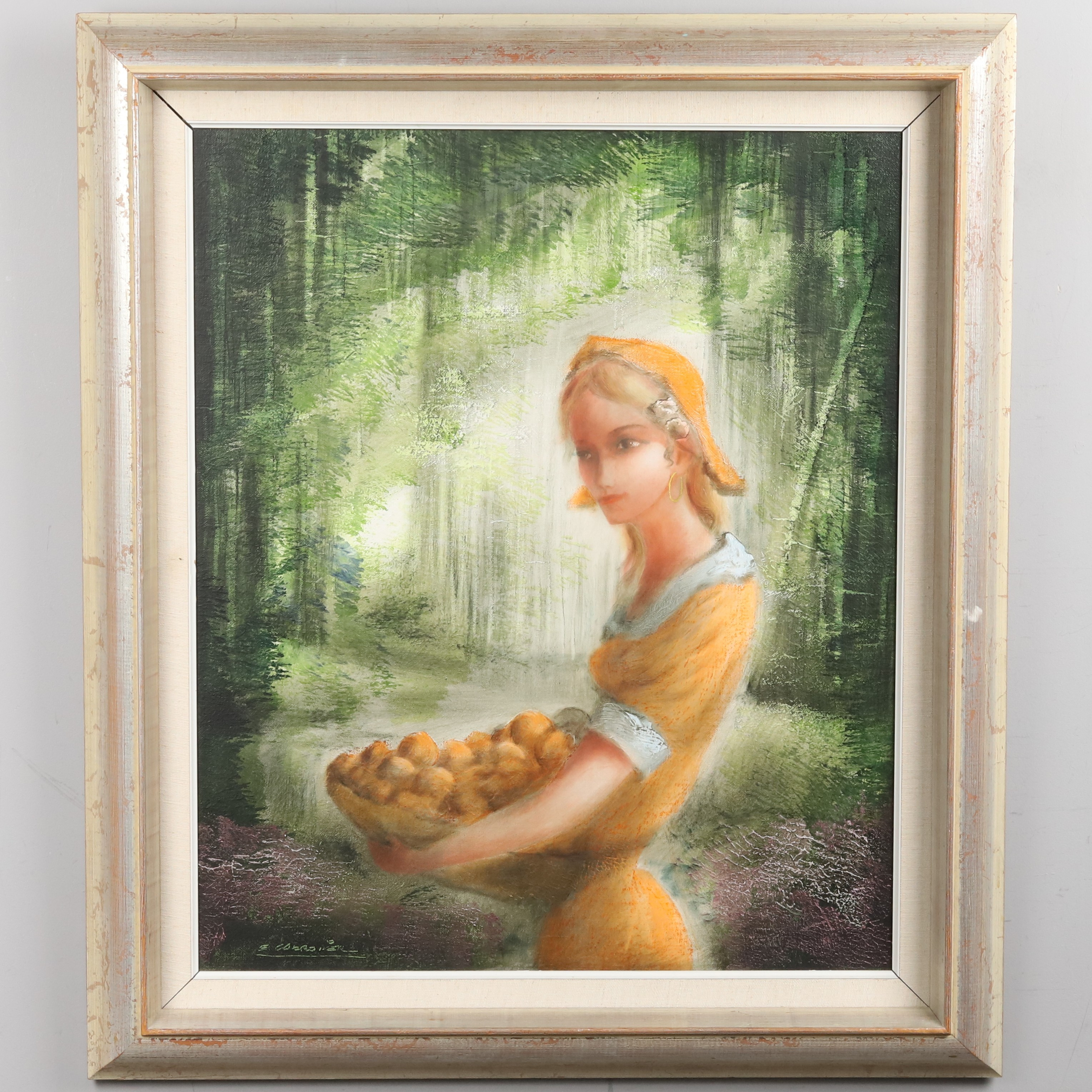 ENRIQUE CABROLIER. Olja på duk, "Kvinna med fruktkorg", signerad.
