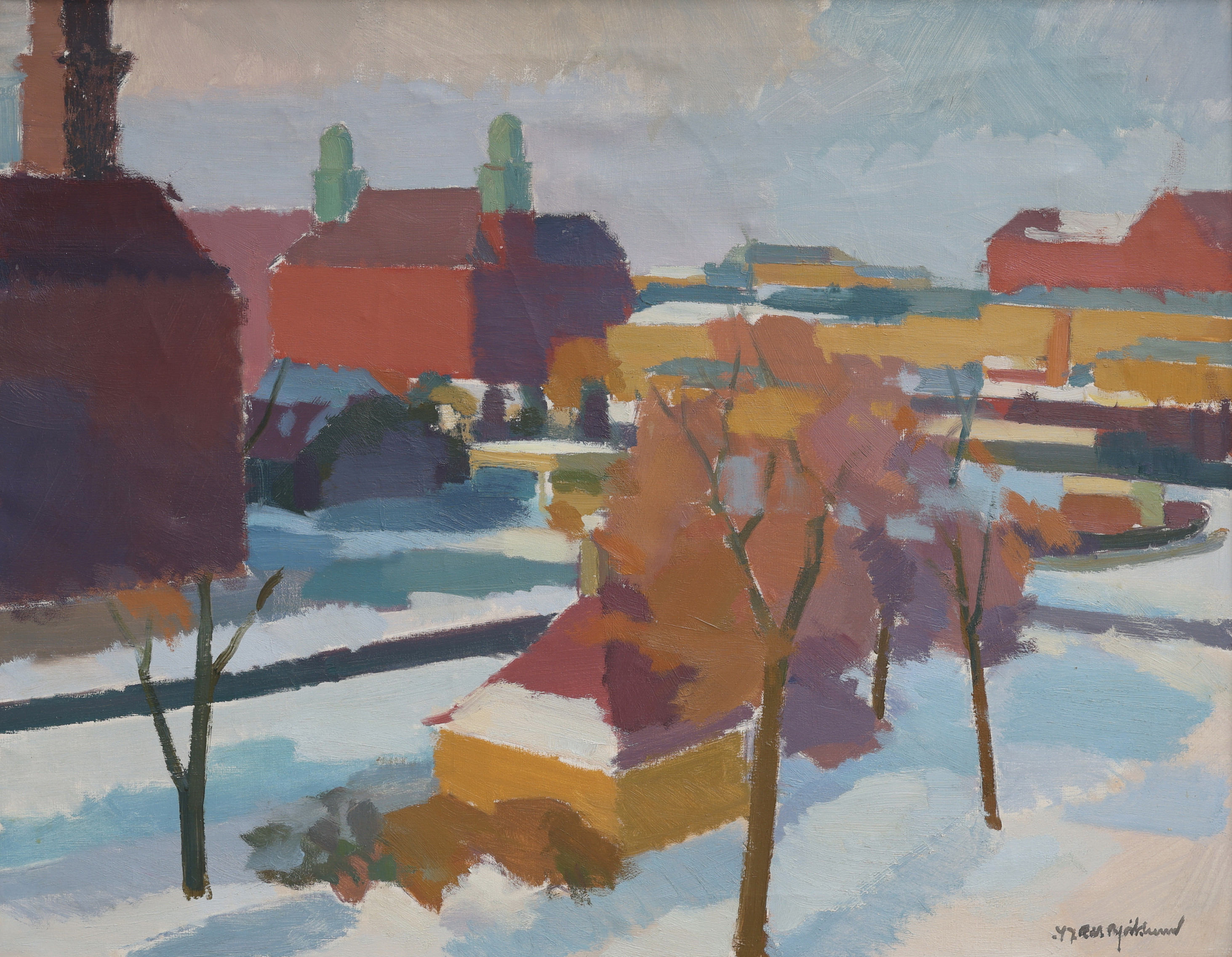 RICHARD BJÖRKLUND. MALMÖMOTIV MED DET AV FERDINAND BOBERG RITADE POSTHUSET I FONDEN, 1947.