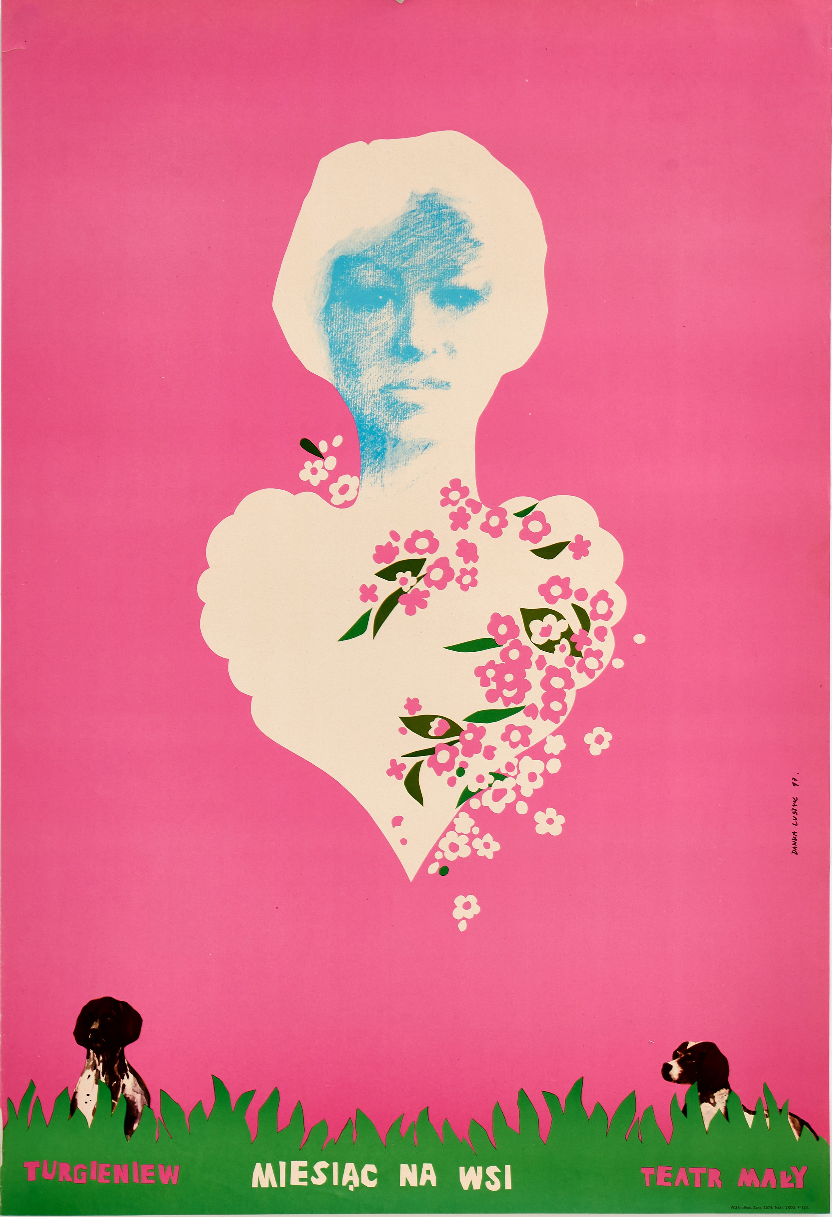 DANUTA LUŚTYK (Polen). Teateraffisch, "Turgieniew: Miesiąc na wsi", Teatr Mały, signerad och daterad i trycket Danuta Lustyk -77, offsettryck.