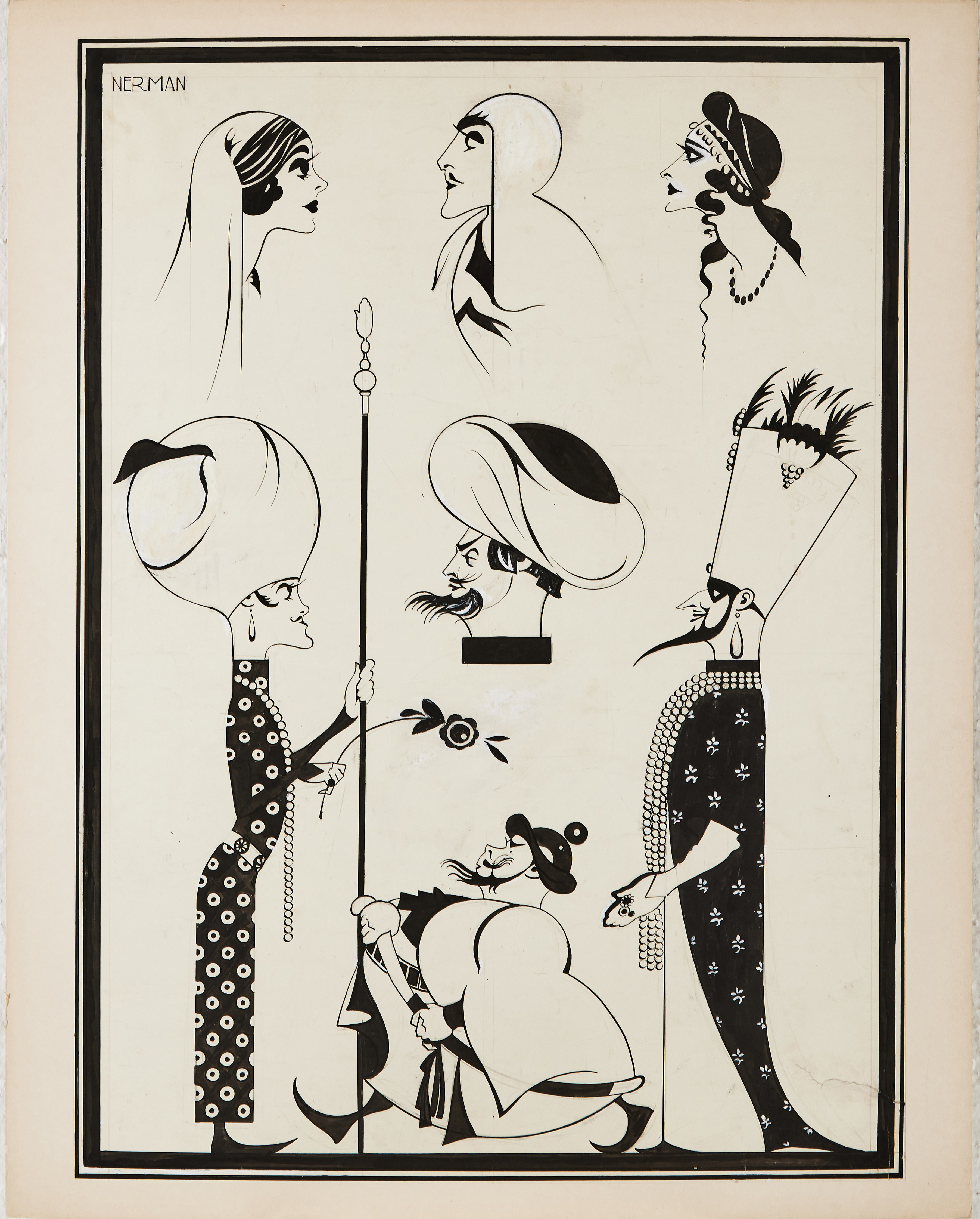 EINAR NERMAN. Profiler i teaterkostym, tuschteckning med täckvitt, signerad Nerman, uppfordrad på kartong.