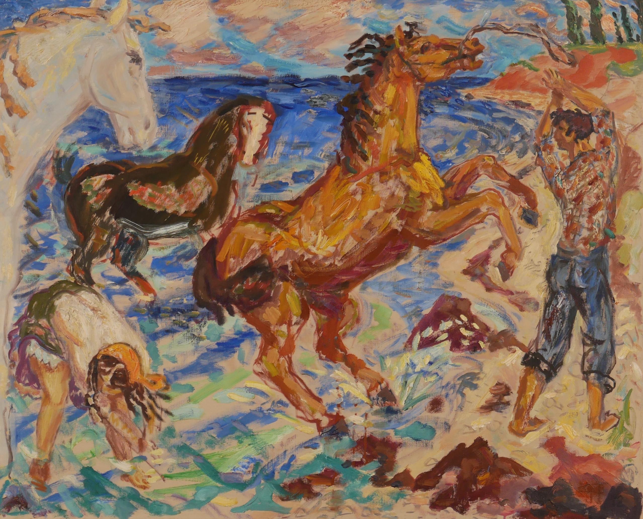 GÖRAN FOLCKER. "....... badar hästar vid Kivik", ungdomsarbete, olja på duk, signerad GF 42.