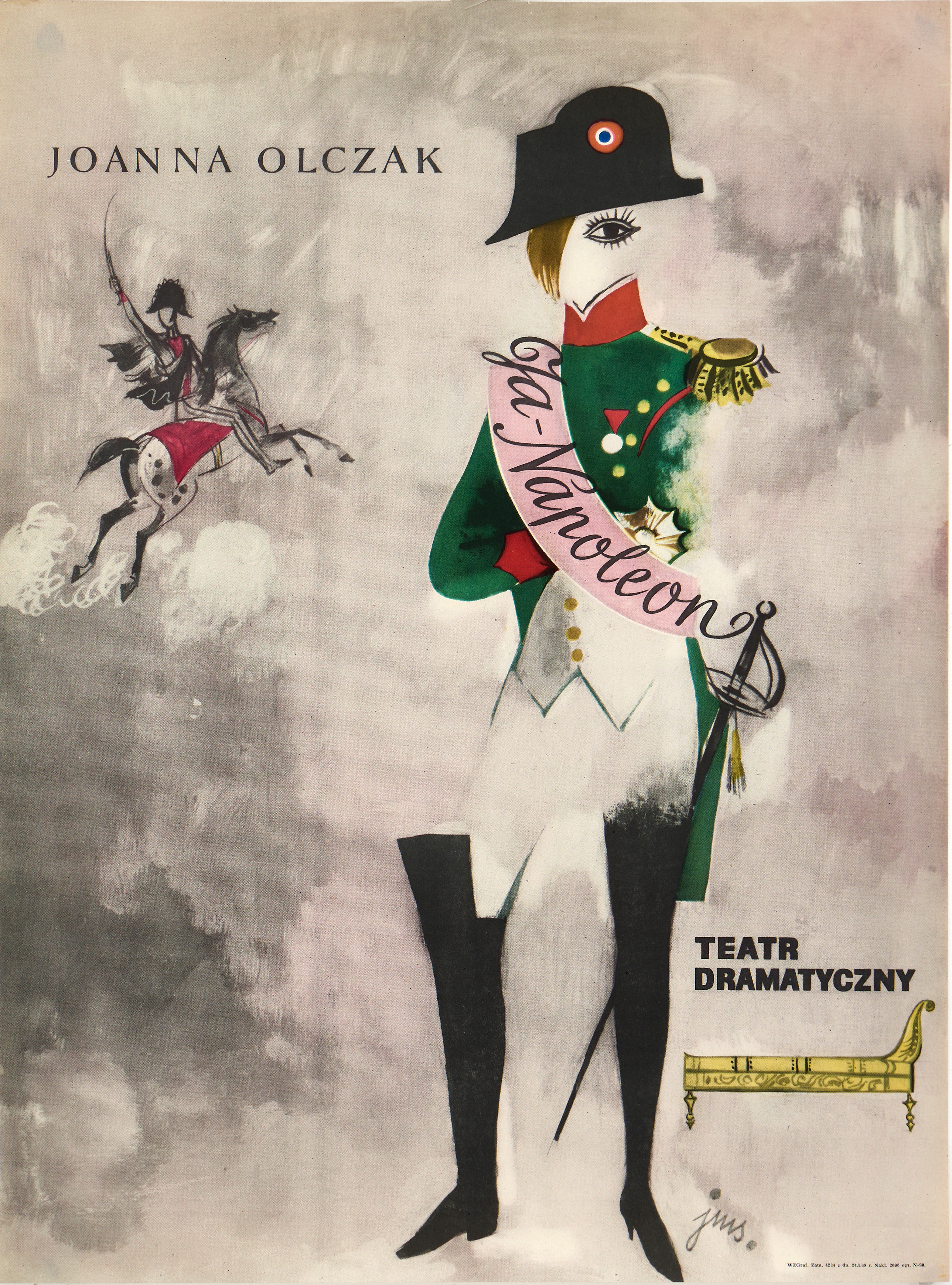 JAN MARCIN SZANCER (Polen, 1902-1973). Teateraffisch, "Joanna Olczak: Ja – Napoleon", 1968, Teatr Dramatyczny, Warszawa, offsettryck.