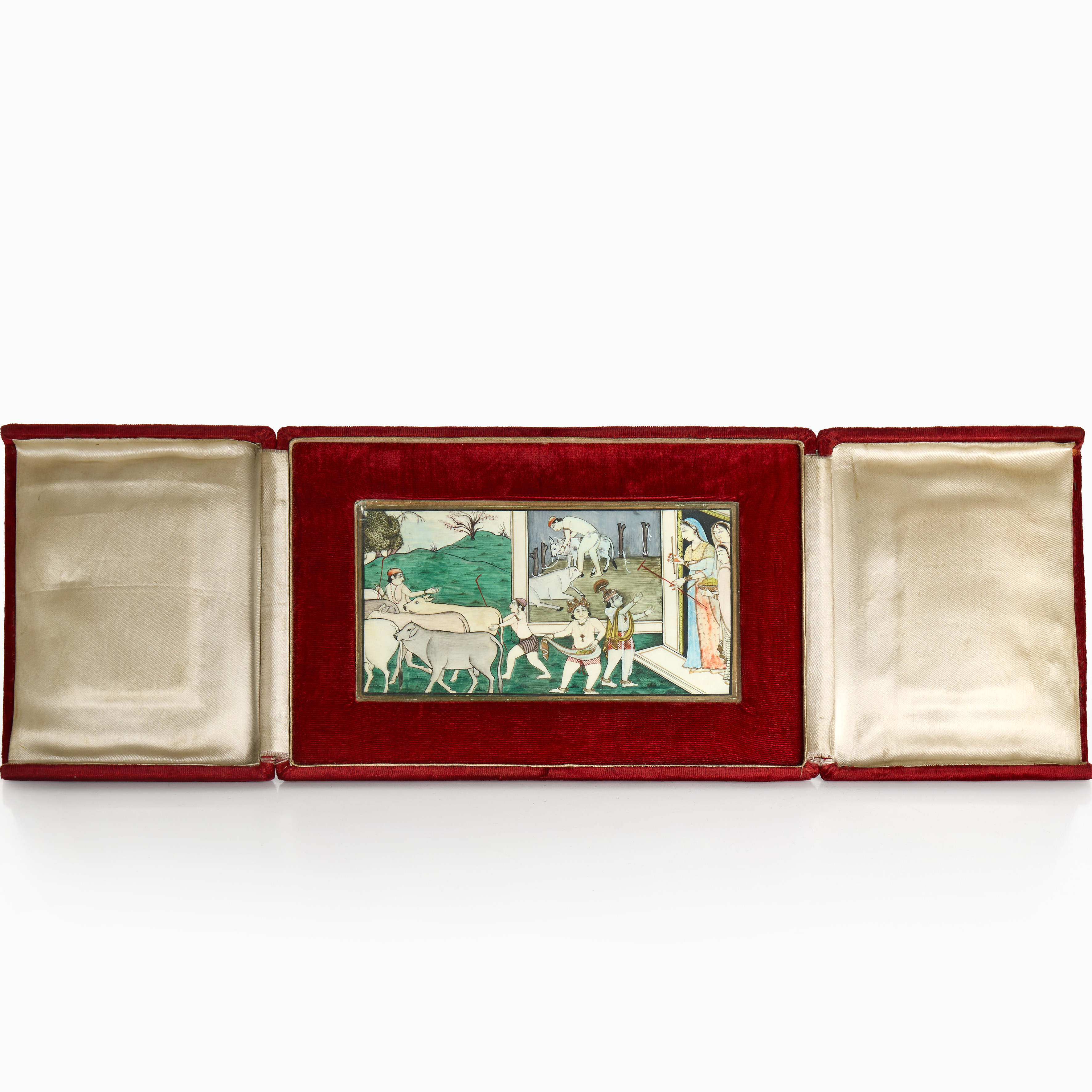 INDISK GOUACHE, boskap och herdarherrskap, 1900-tal, i sidenklädd box.