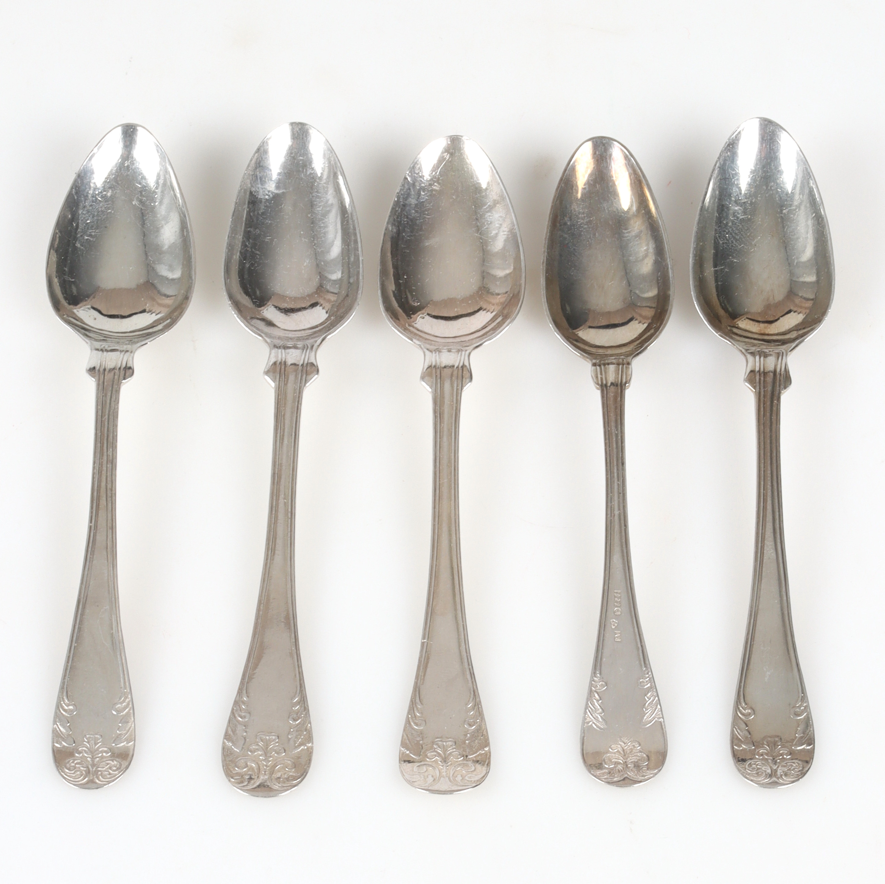 KAFFESKEDAR, 5 st. silver, "Gammal Fransk", bl.a. Per-Erik Sundberg (1847-1871), Trosa. 14 -1858.
