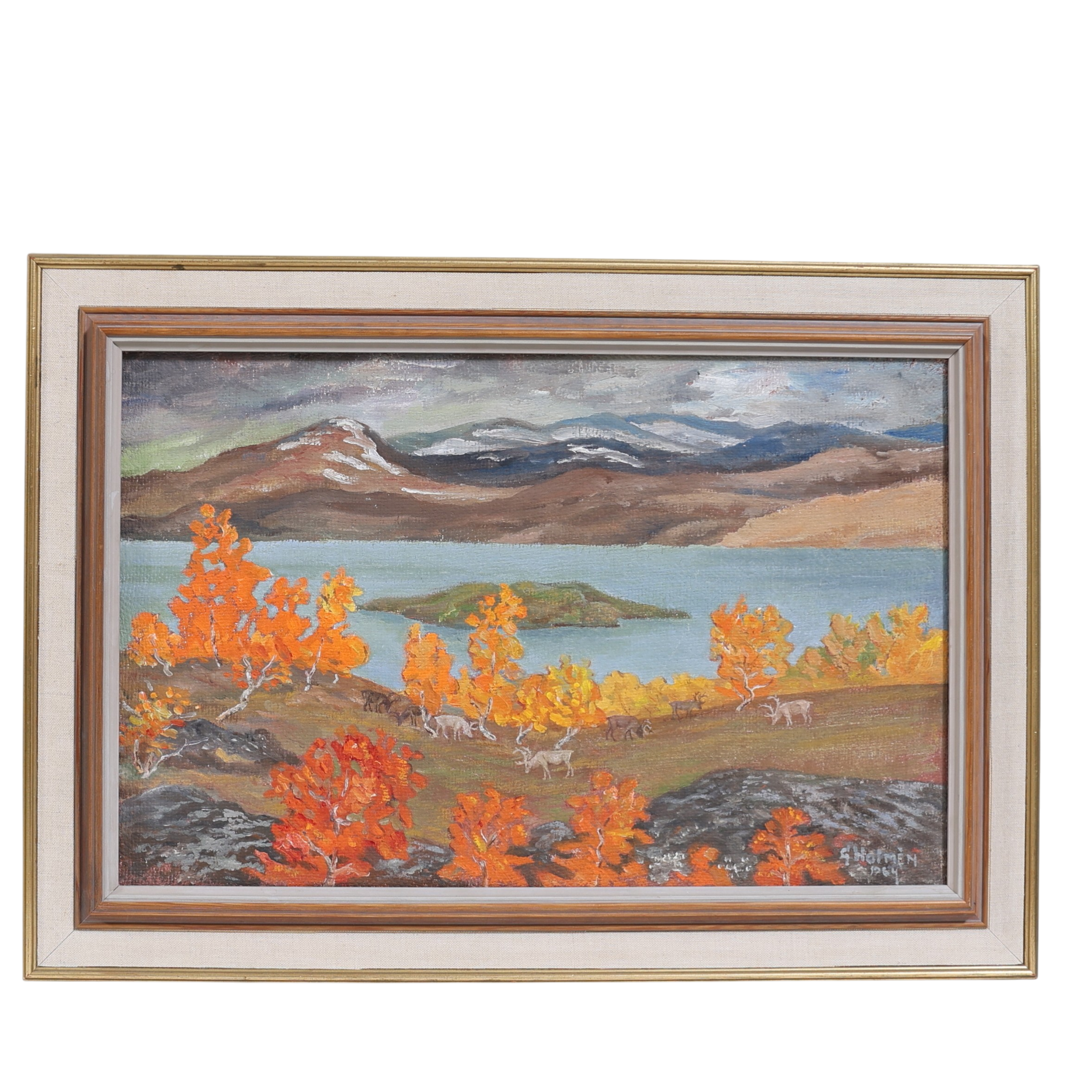 Renar i fjällandskap, olja på duk, signerad G. Holmén, samt daterad 1964.