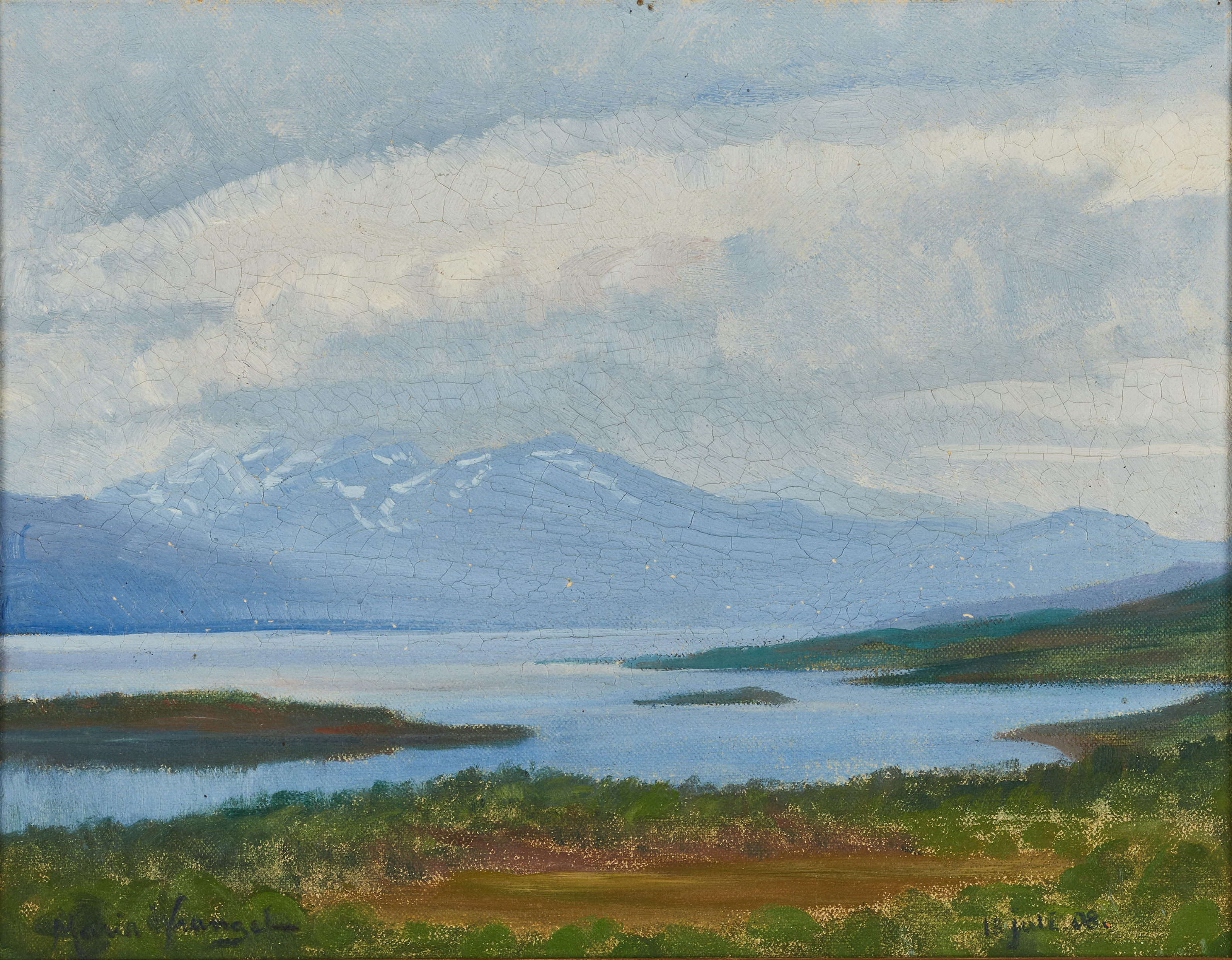 MARIA WRANGEL (1861-1923)."Utsigt från Abisko turiststation öfver Torneå träsk Fjället i fonden: ...tjakko", 1908, signerad och daterad Maria Wrangel 18 juli 08, olja på duk ställd på pannå.